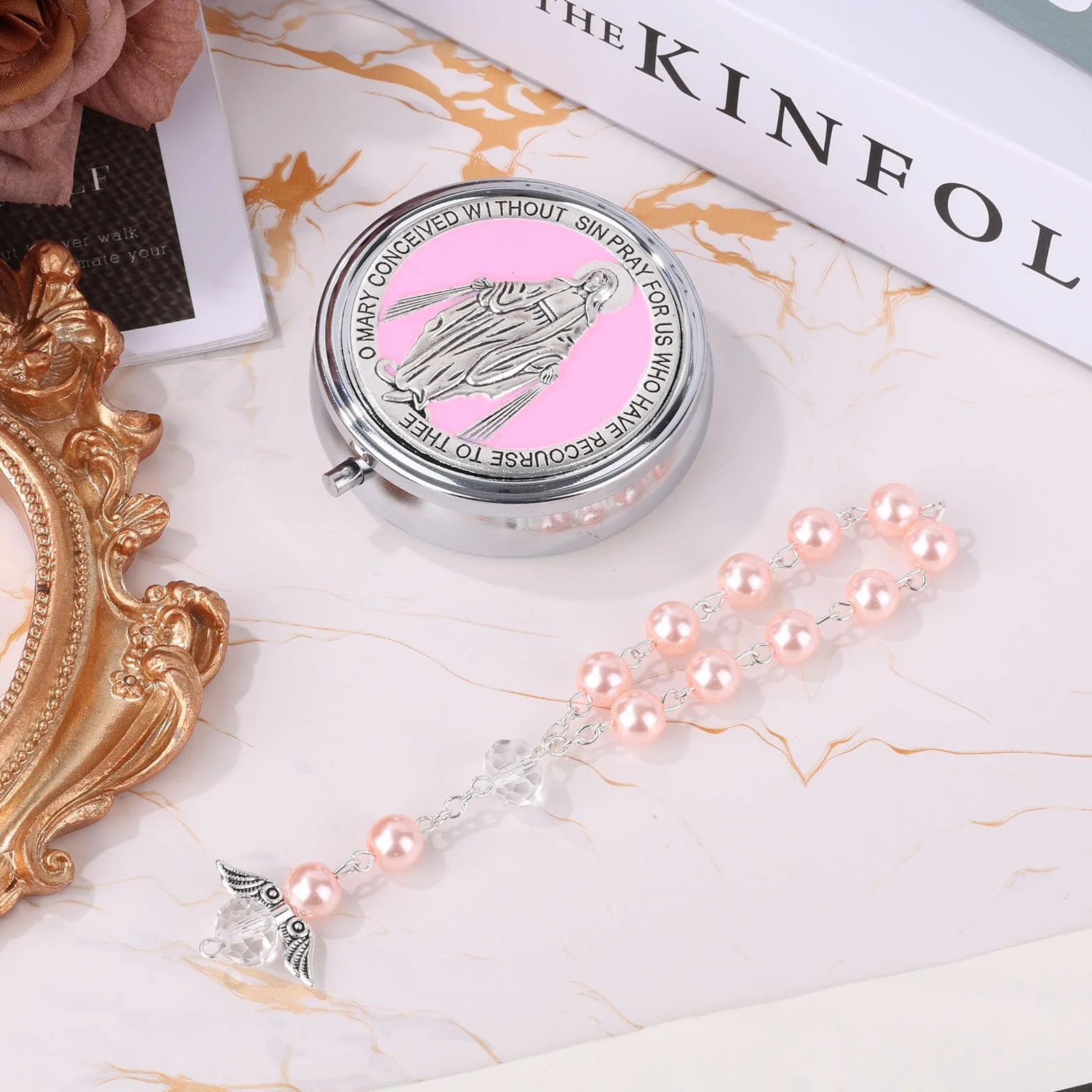 Coffret Cadeau de Baptême Mon Premier Chapelet avec Chapelet et Bracelet Ailes d'Ange Perles Catholiques Rose