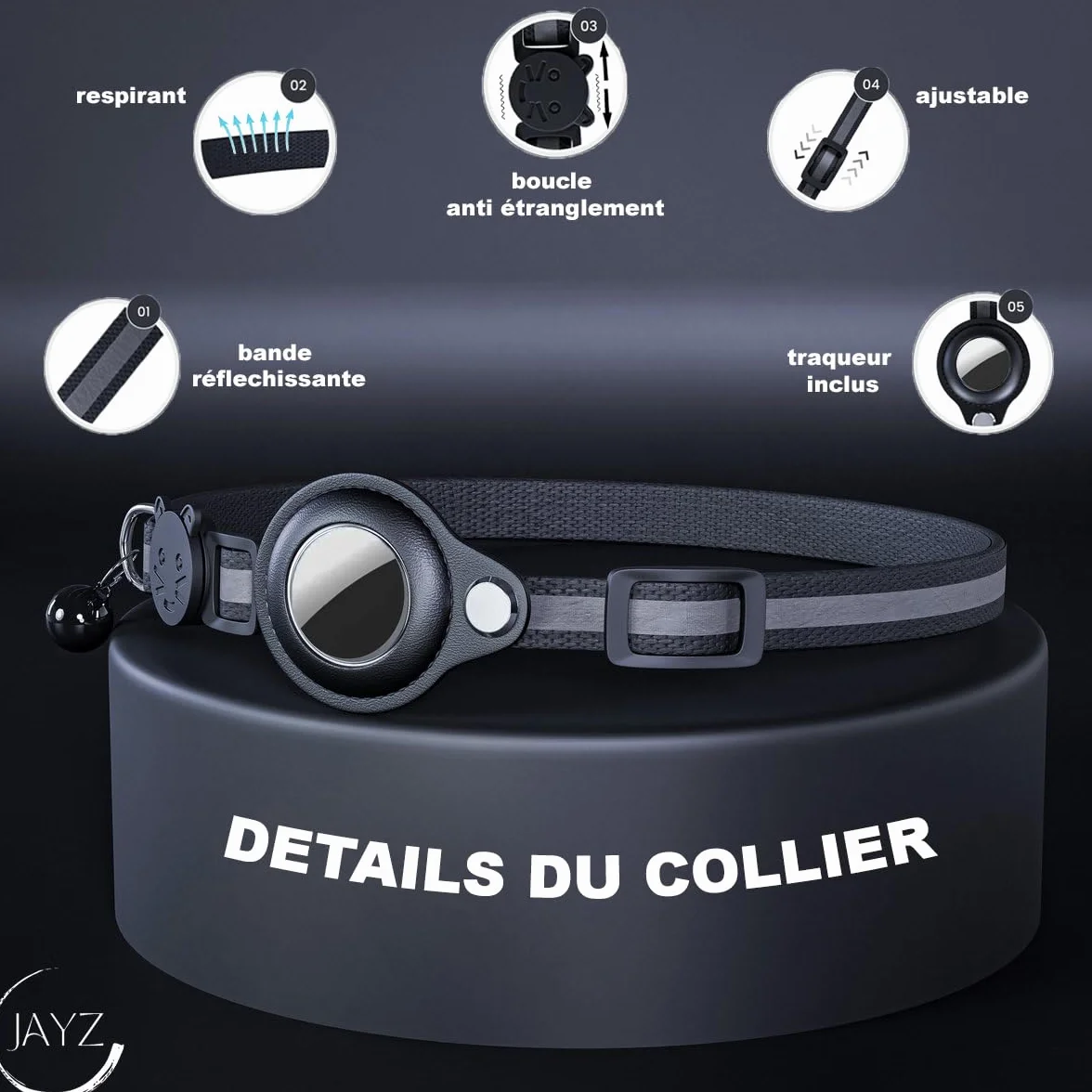 JAYZ Collier Chat Bluetooth Tracker Localisateur sans Abonnement Apple iOS Android Airtag Anti étranglement Chatons