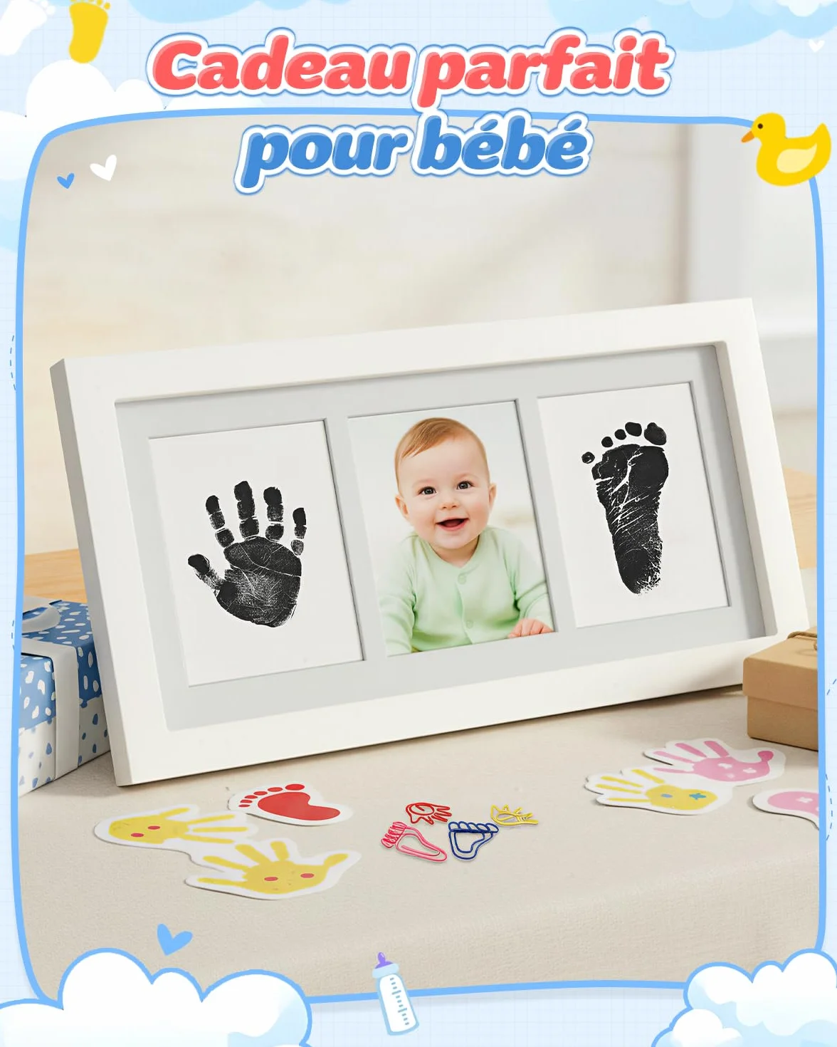 Kit Empreinte Bébé Main et Pied avec Cadre Photo, 2 Tampons Encreurs, 6 Cartes, 4 Clips, Cadeau Baby Shower (Blanc)