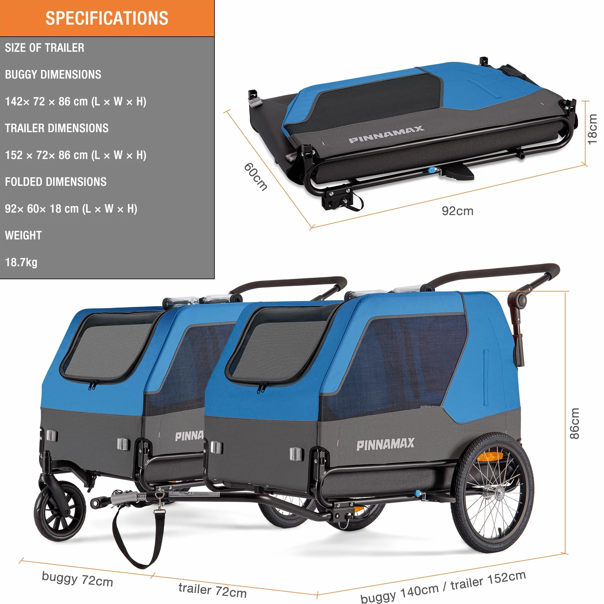 Remorque pour Chien PINNAMAX 2-en-1 45 kg Poussette vélo attelage Universel