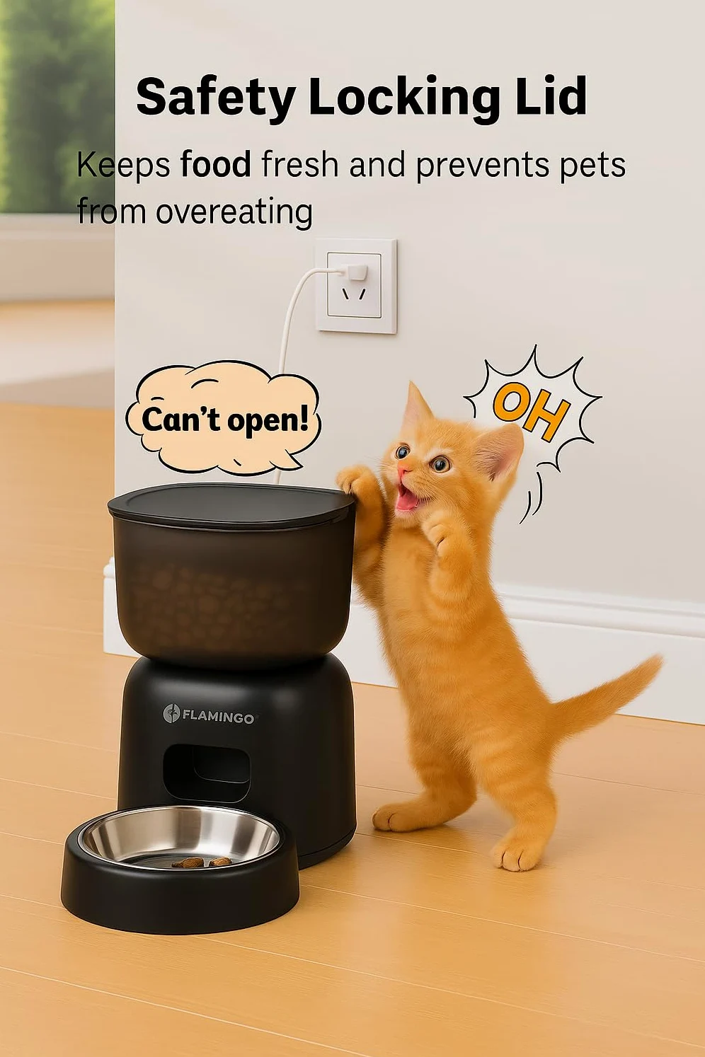 Distributeur croquettes Chat Automatique - Distributeur croquettes Chien - 3L programmable avec minuterie et Message Vocal - Flamingo Distributeur de Nourriture Blido Noir