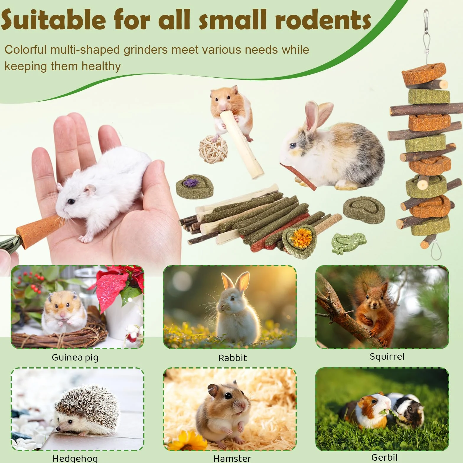Lot de 42 Jouets pour Lapin, Hamster, Cochon d'Inde et Chinchilla, Bâtonnets de Foin de Timothée en Bois de Pomme