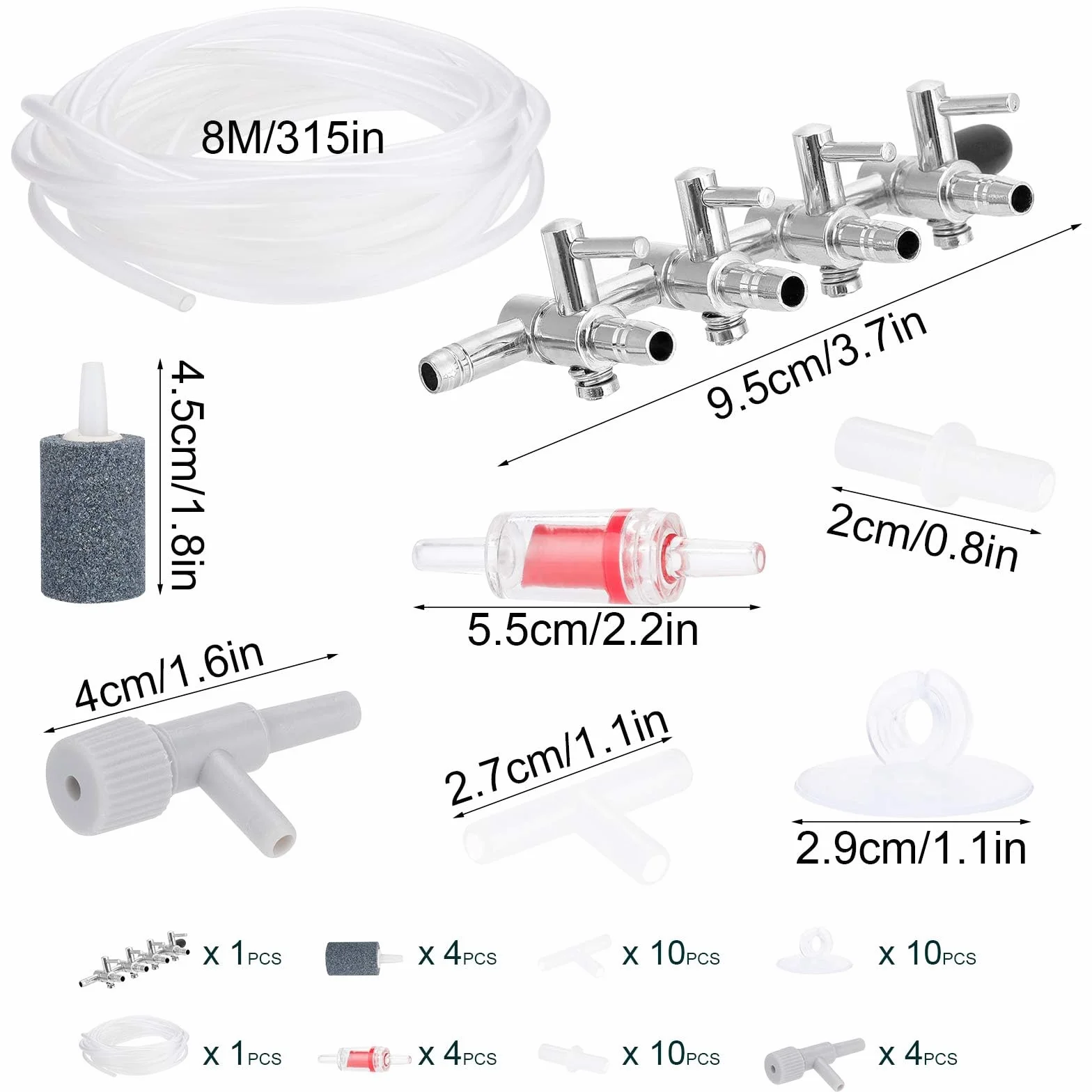 Contrôle du flux d'air pour aquarium, pierres à air, tuyaux 8 m, valves anti-retour, distributeur 4 voies