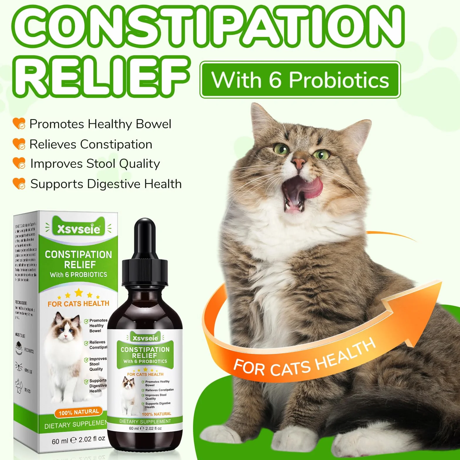 Laxatif Naturel pour Chats Constipation - Transit Intestinal Régulier & Santé Intestinale - 6 Probiotiques Actifs - 60ml