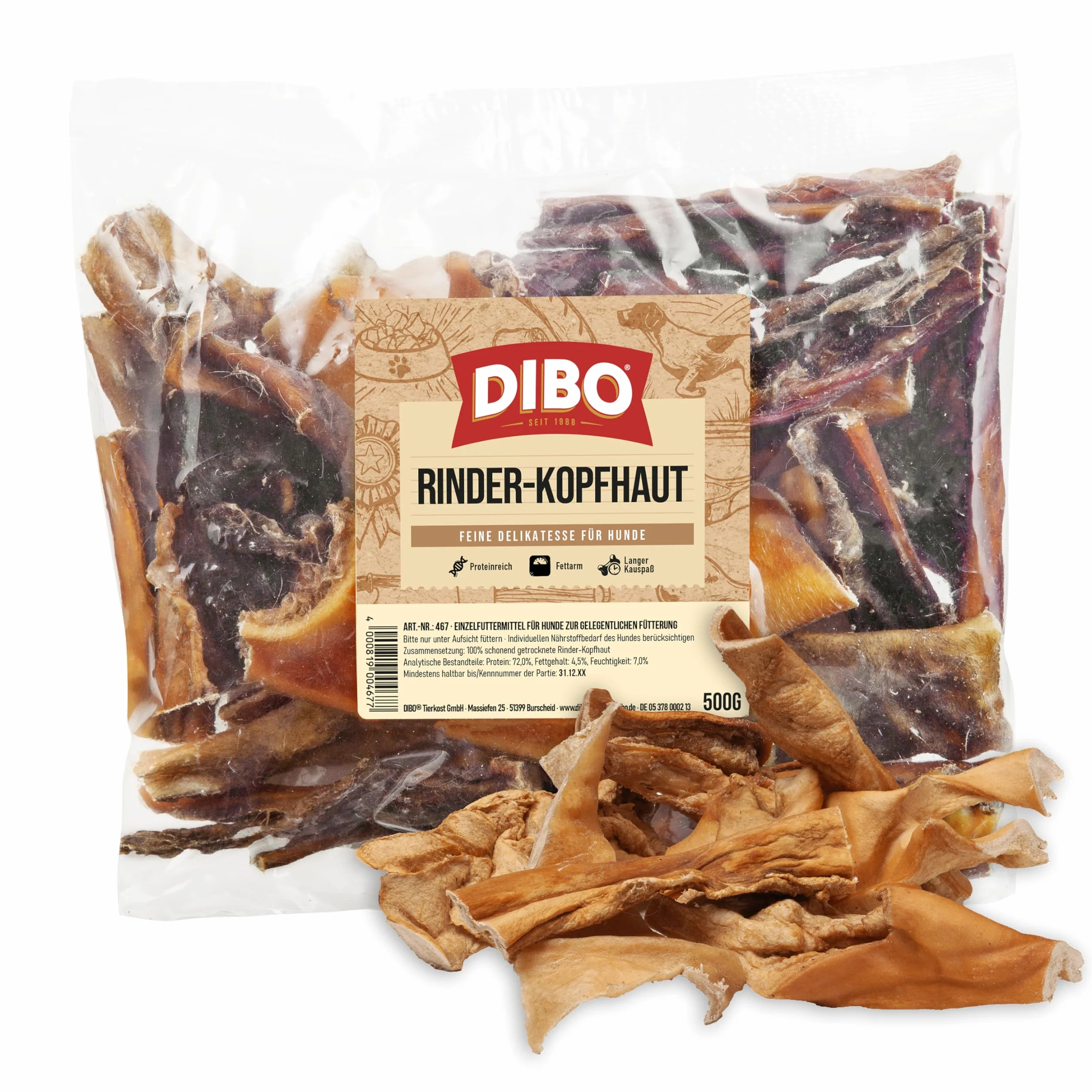 DIBO Peau de tête de bœuf, friandises naturelles à mâcher pour chien, sachet de 500 g