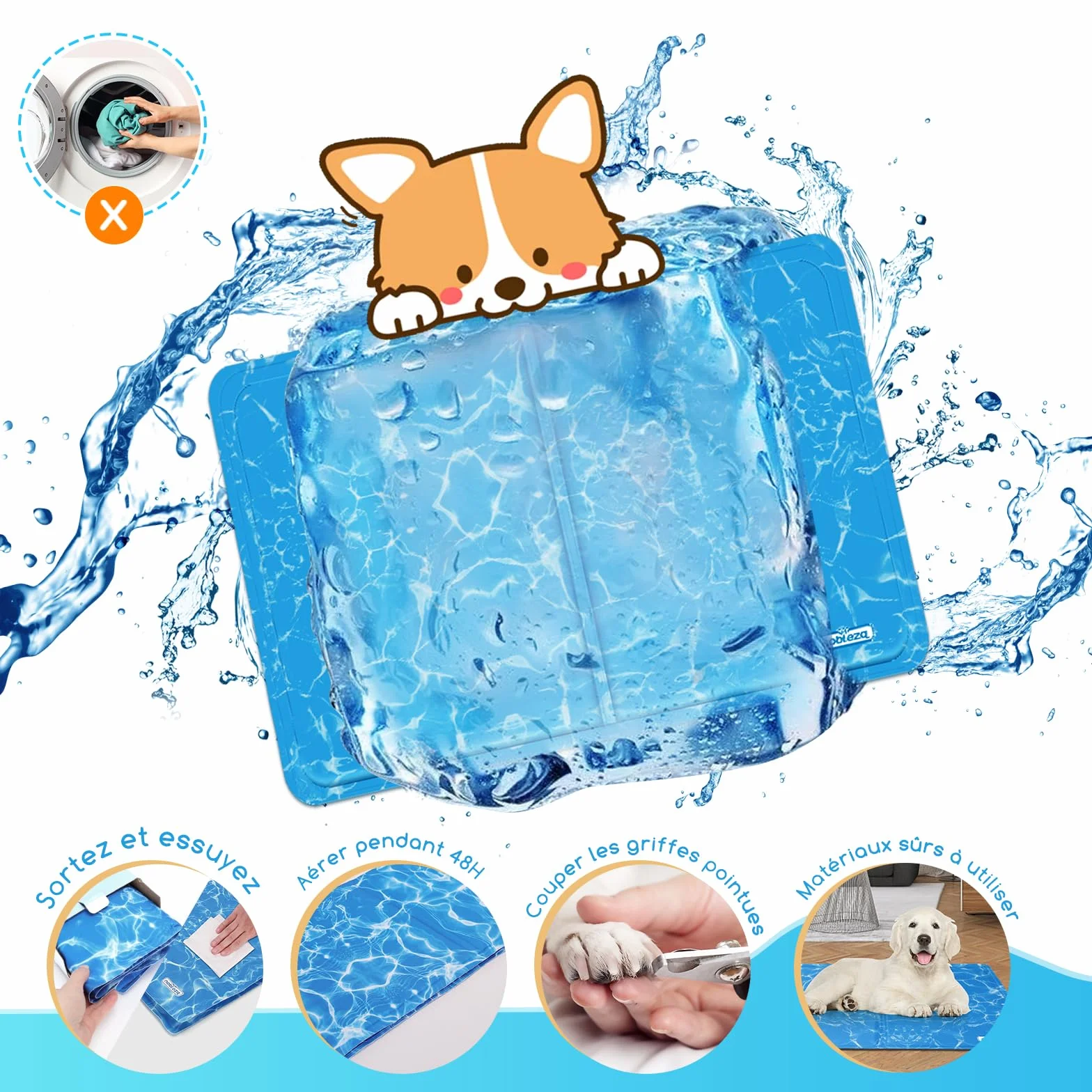 Nobleza Tapis de Refroidissement pour Chiens 65x50cm Bleu Auto-refroidissant Gel Non-Toxique