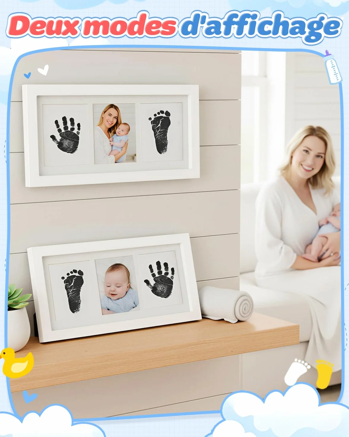 Kit Empreinte Bébé Main et Pied avec Cadre Photo, 2 Tampons Encreurs, 6 Cartes, 4 Clips, Cadeau Baby Shower (Blanc)