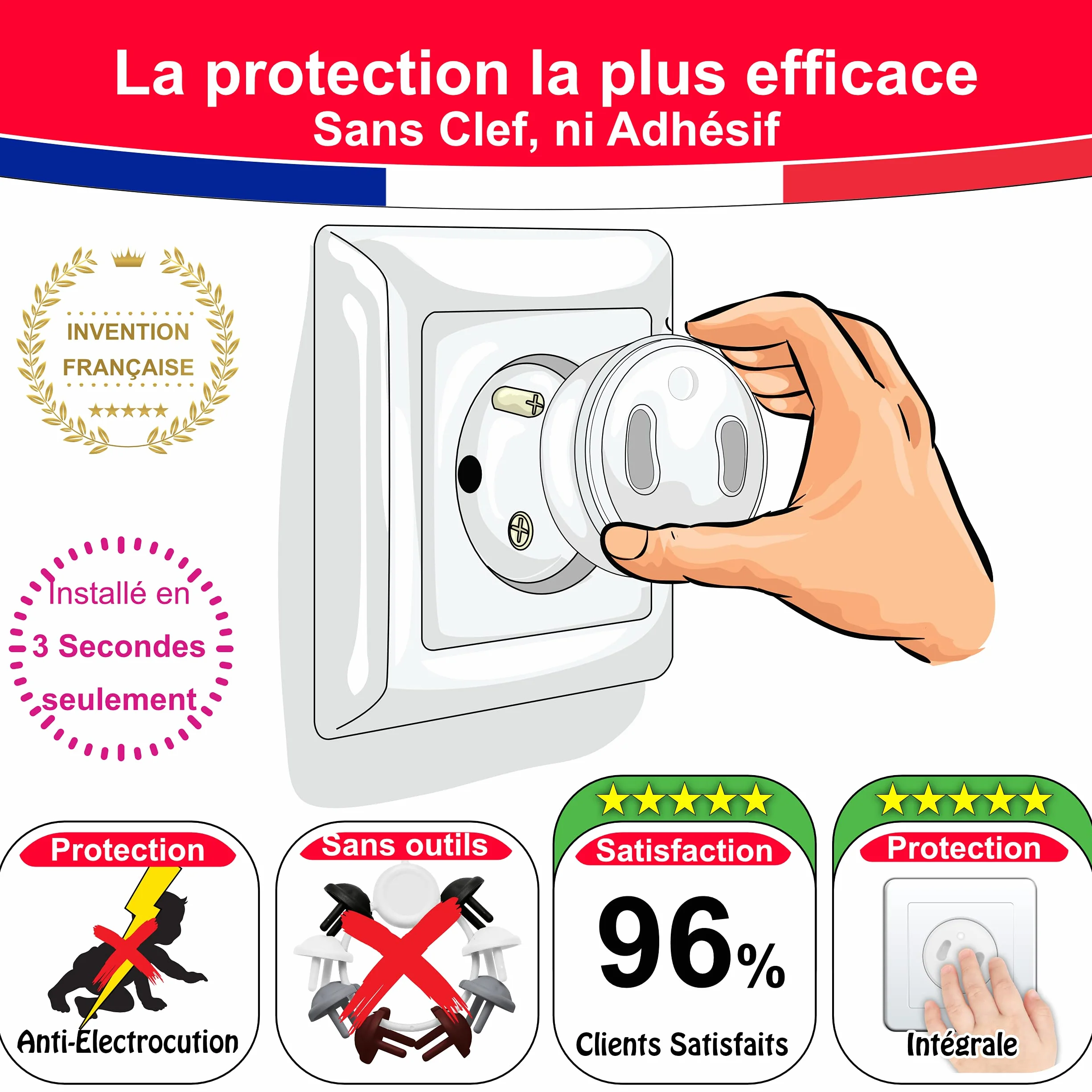 Cache Prise Bébé Français sans Clef Ni Adhésif - Protection Enfant - Cache-Prise Électrique Maison Puériculture