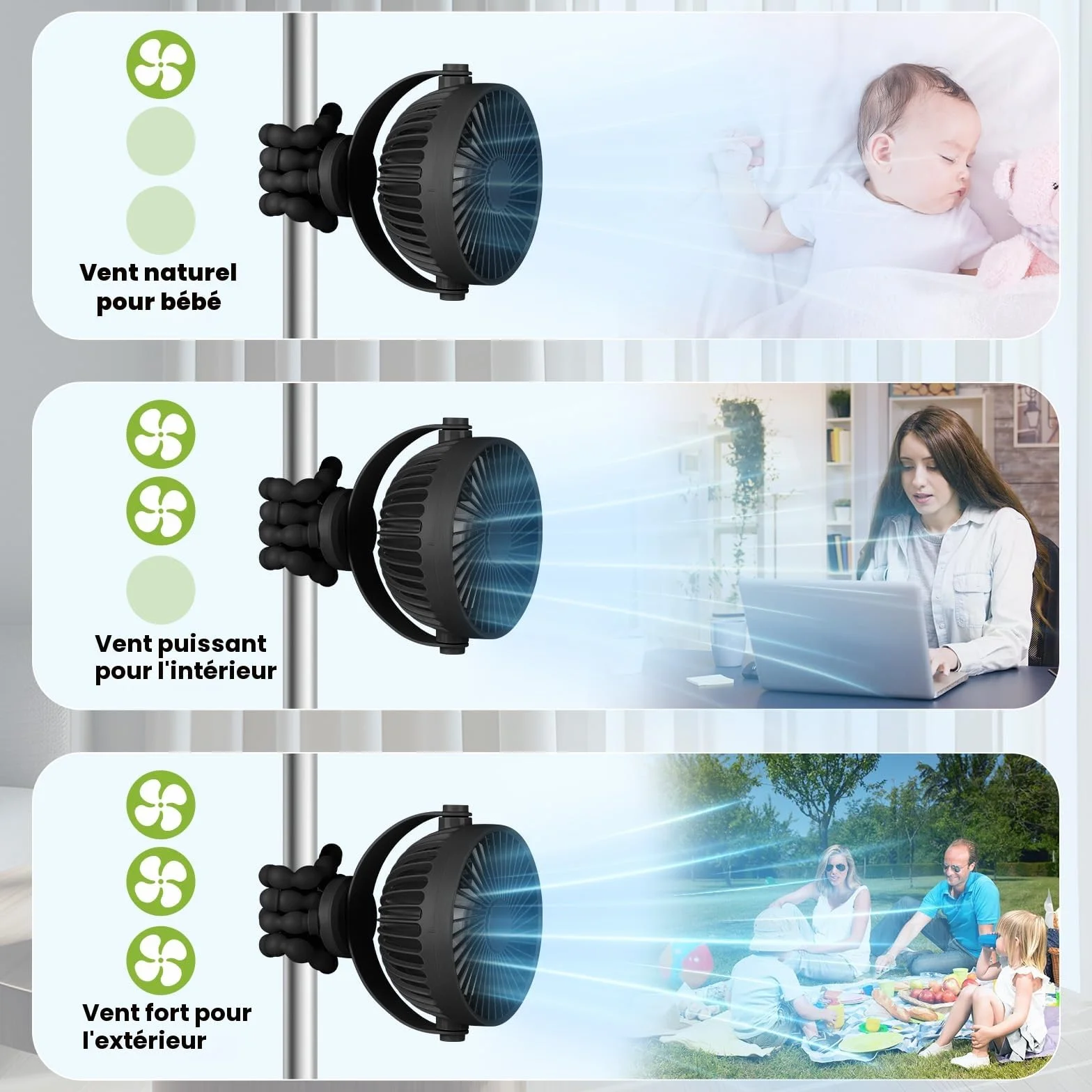 POPERFUN Ventilateur de Poussette 5200mAh 40H, Ventilateur Portable Rotatif 360° 3 Vitesses Rechargeable USB Noir
