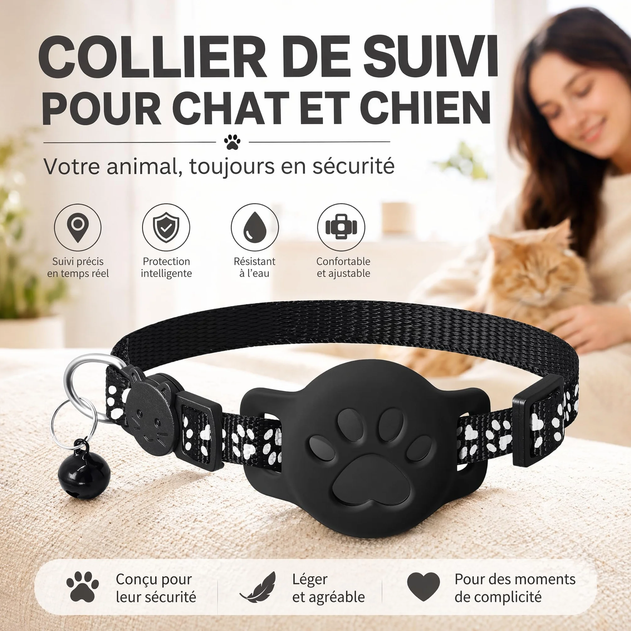 Collier GPS Chat Traceur sans Carte Sim Tracker sans Abonnement Localisation Temps Réel Imperméable Durable