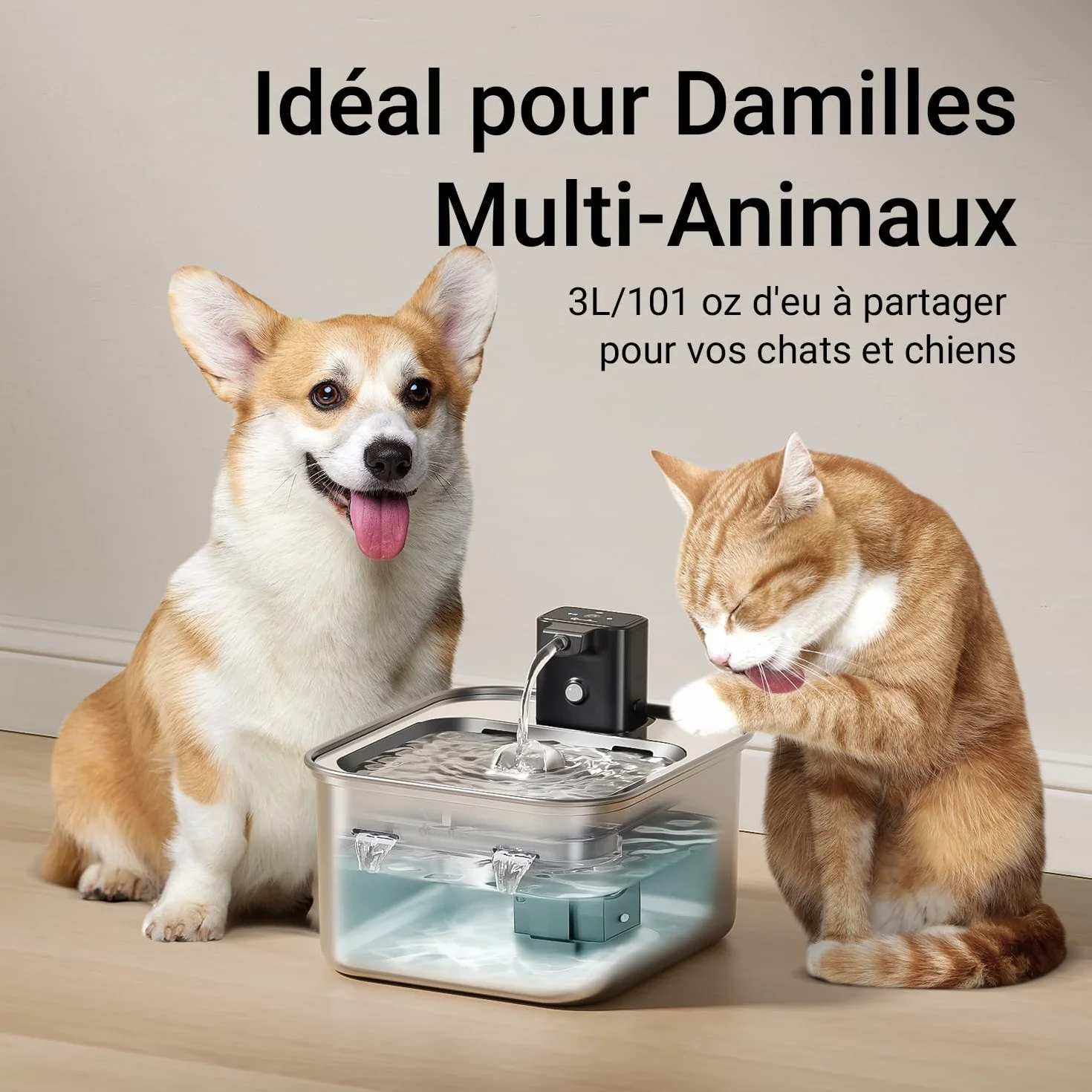 Fontaine à Eau pour Chat sans Fil 4000mAh INOX Détecteur de Mouvement