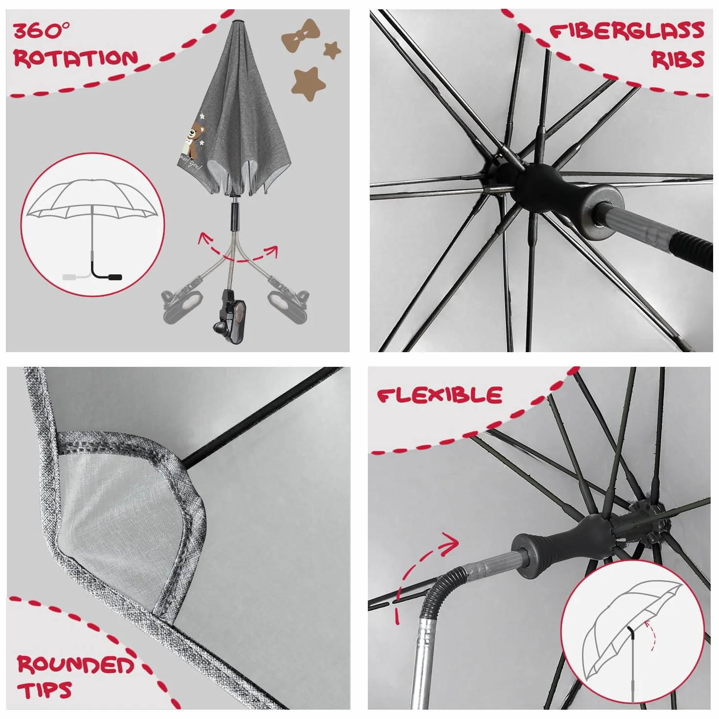 Perletti Parapluie Poussette Universel Gris Pliable Ombrelle Anti UV 68 cm