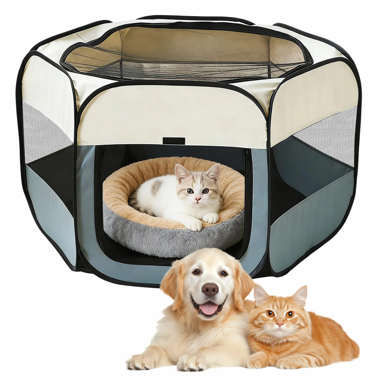 Parc pliable pour chiot 110 x 110 x 60 cm portable beige