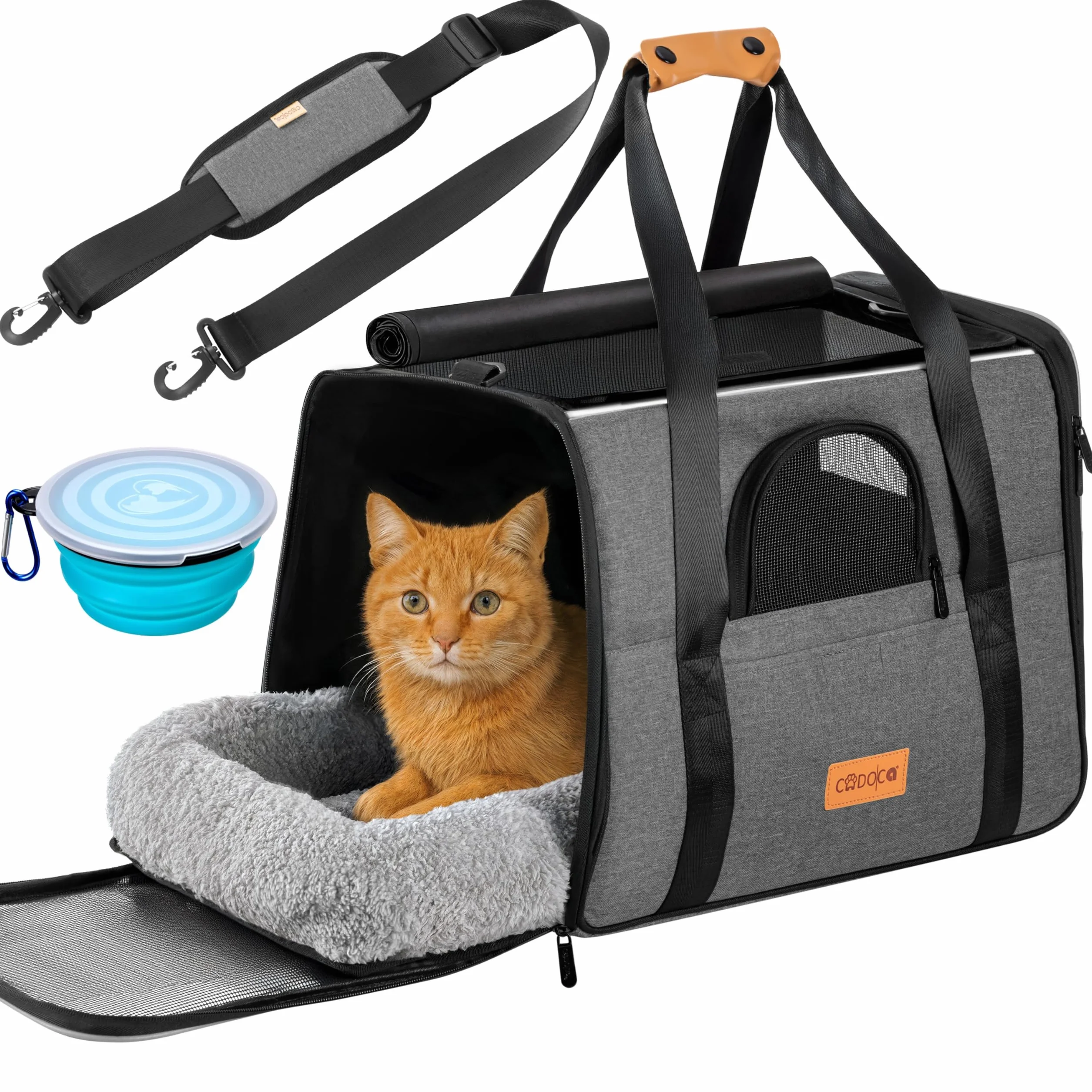 CADOCA® Sac de Transport pour Chat Chien Max. 20kg Gris Pliable avec bandoulière Caisse de Transport Chat Respirant avec gamelle