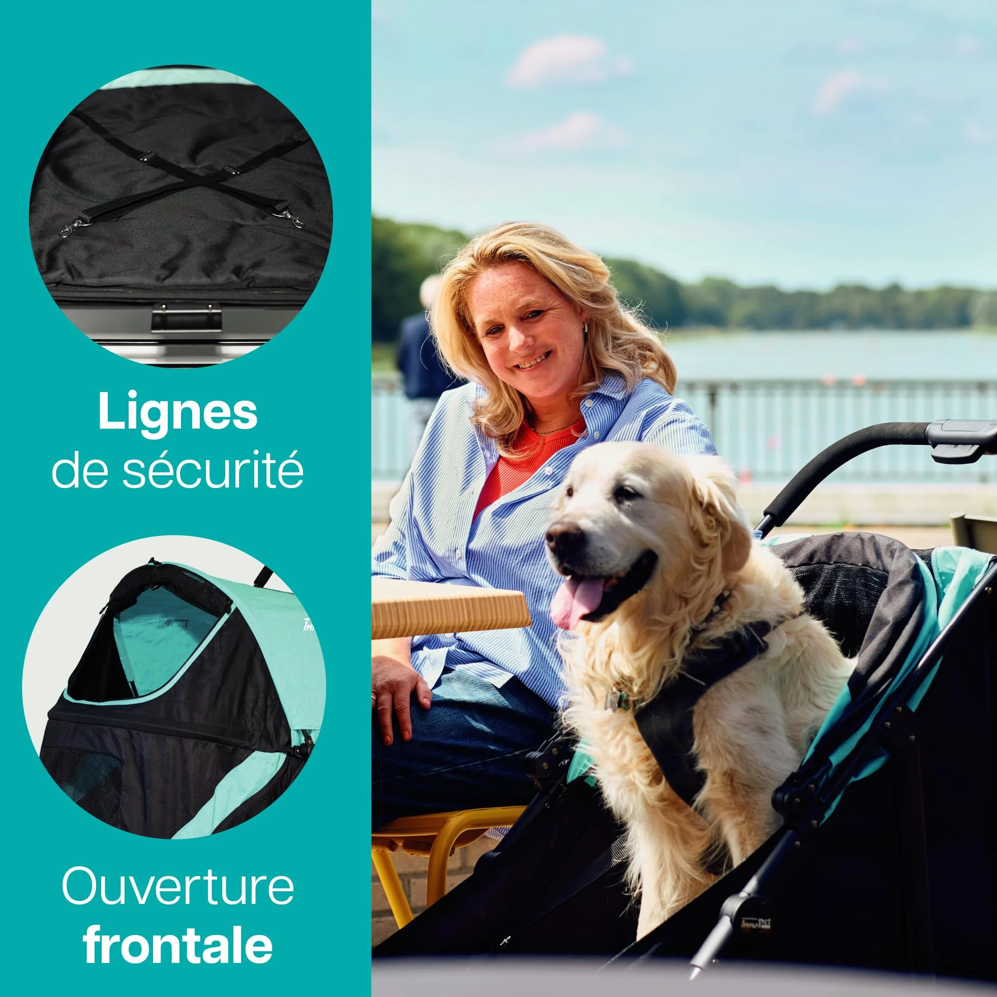 Chariot pour chien Innopet Mamut grand format bleu - Supporte jusqu'à 50 kg - Housse de pluie incluse - Pliage d'une seule main - Roues avant pivotantes, Remorque de chiens de taille moyenne et grande