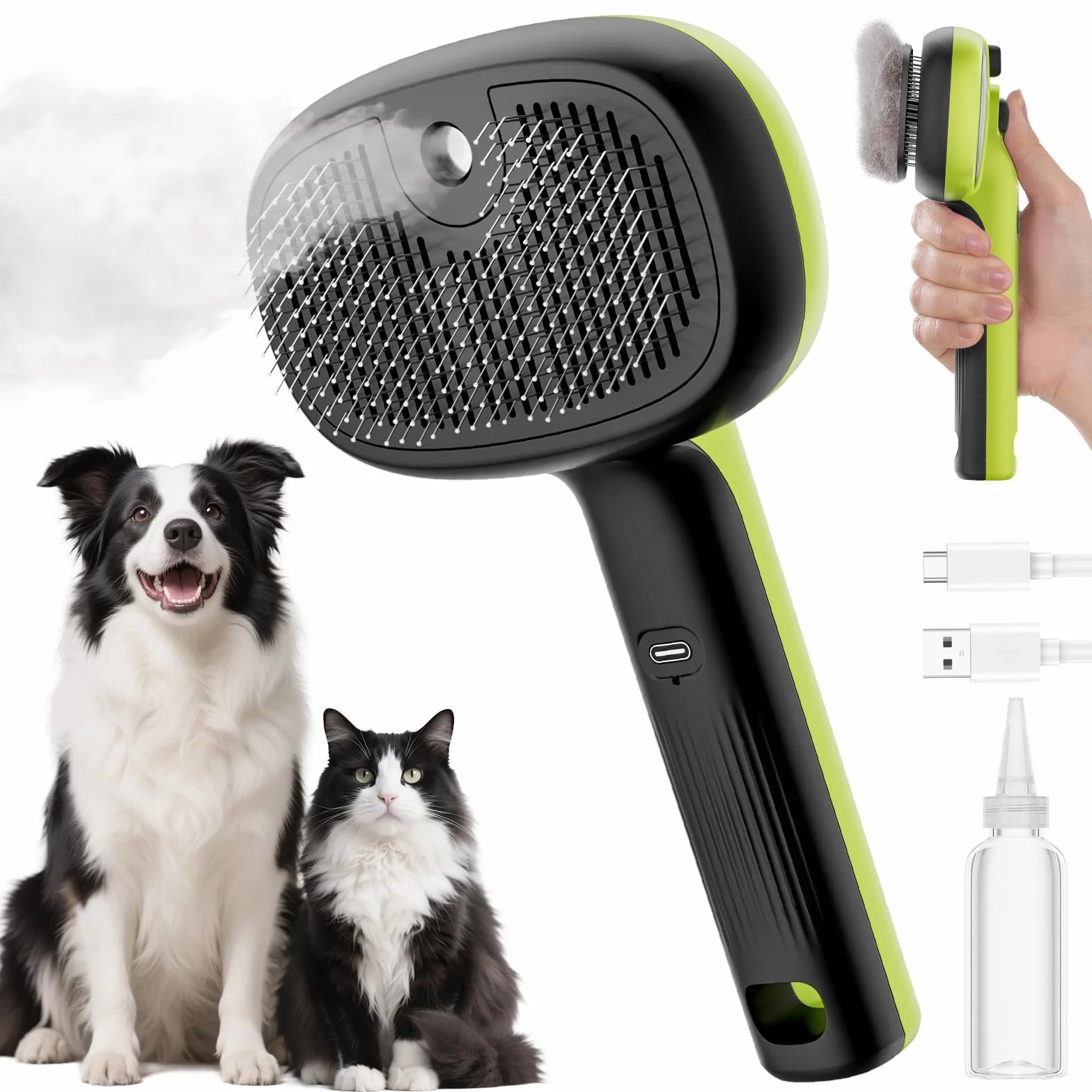 Pecute Brosse Autonettoyante Chat Chien Vapeur 2 Modes Pulvérisation Antistatique Vert