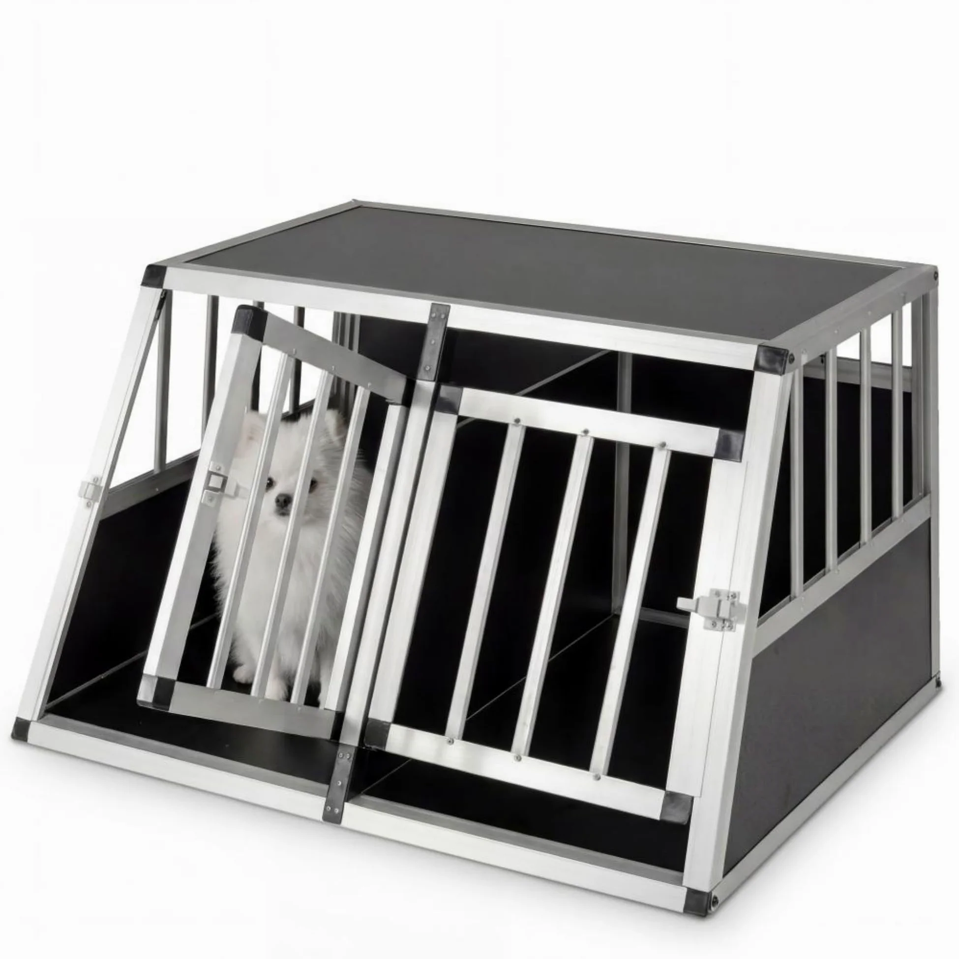 GYMAX Cage pour Chien avec Double Chambre, Séparateur Amovible, Porte Verrouillable, Niche avec Cadre Métallique, Caisse de Transport Voiture Trapézoïdale pour Petits Chiots, 80 x 65 x 48 cm
