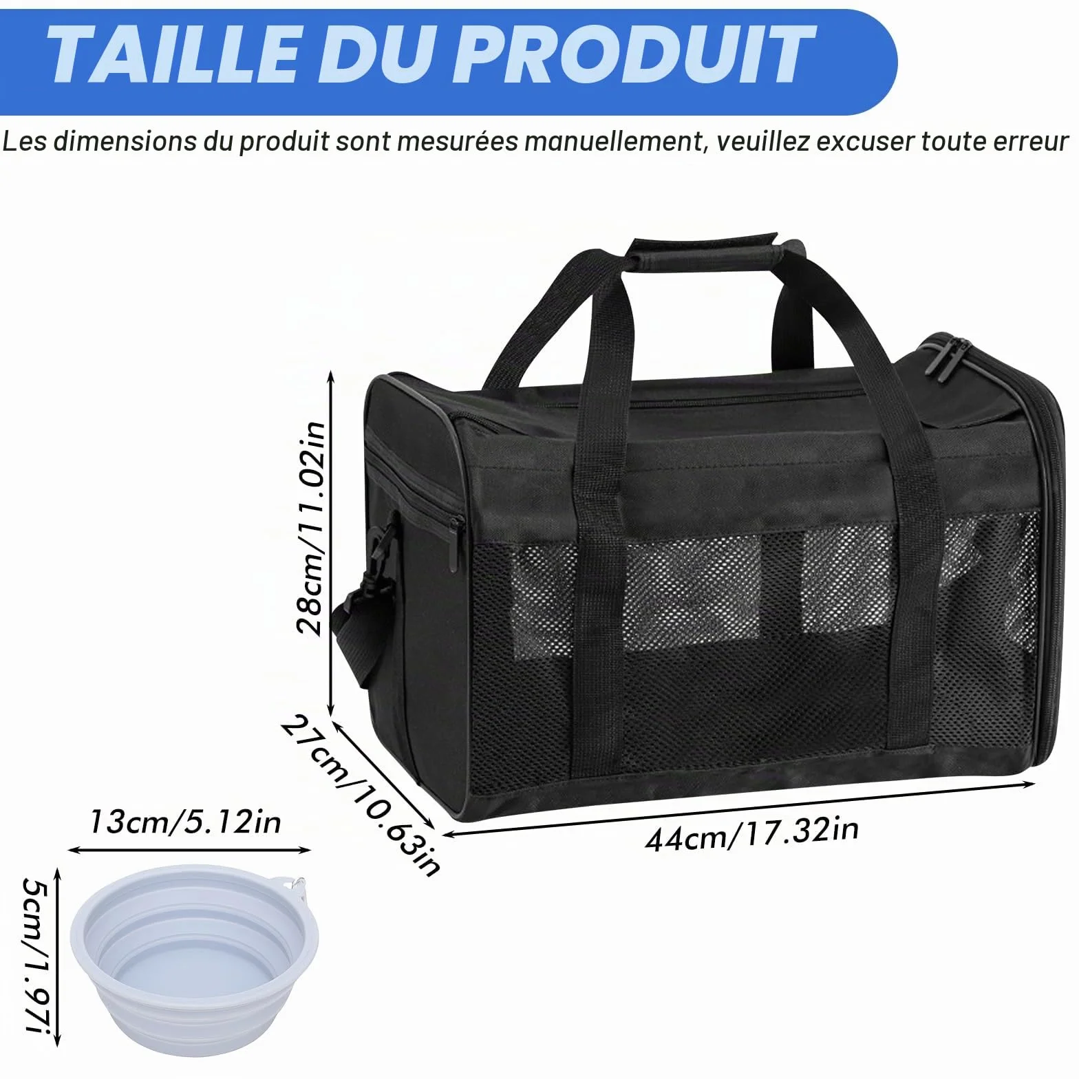 Sac de transport pliable pour chat et chien avec gamelle d'eau, bandoulière, 42 x 27 x 28 cm