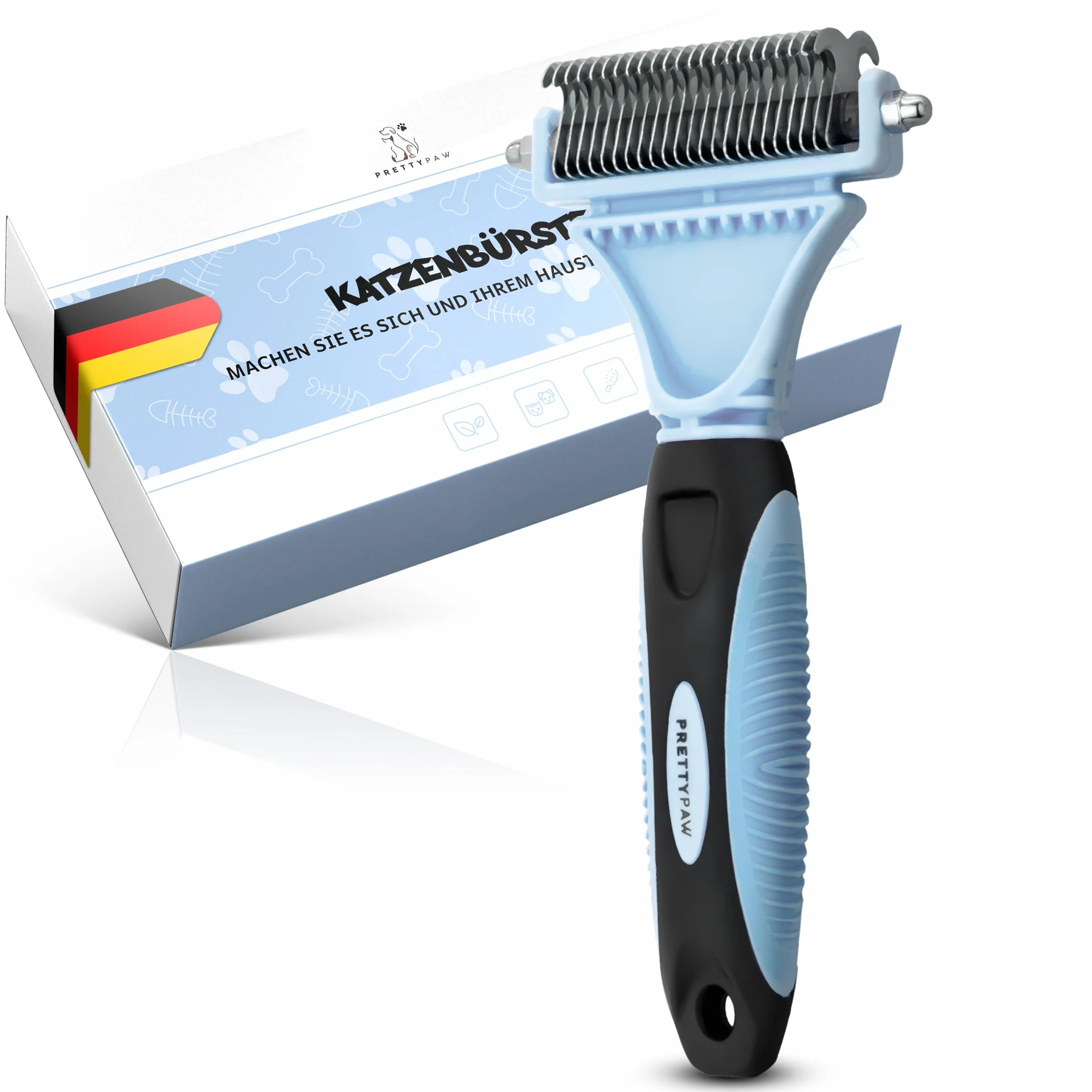 Pretty Paw Brosse Sous Poil Chat Anti-Mue Peigne Toilettage Doux Poils Longs Courts Dents Inox Bleu