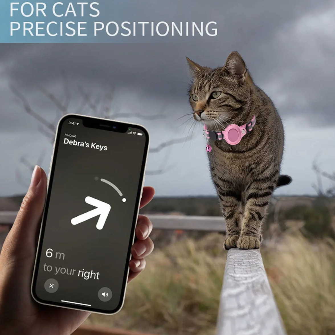 Collier Airtag pour Chat Anti Étranglement Réglable Réfléchissant avec Clochette Support Protection Apple AirTag Rose