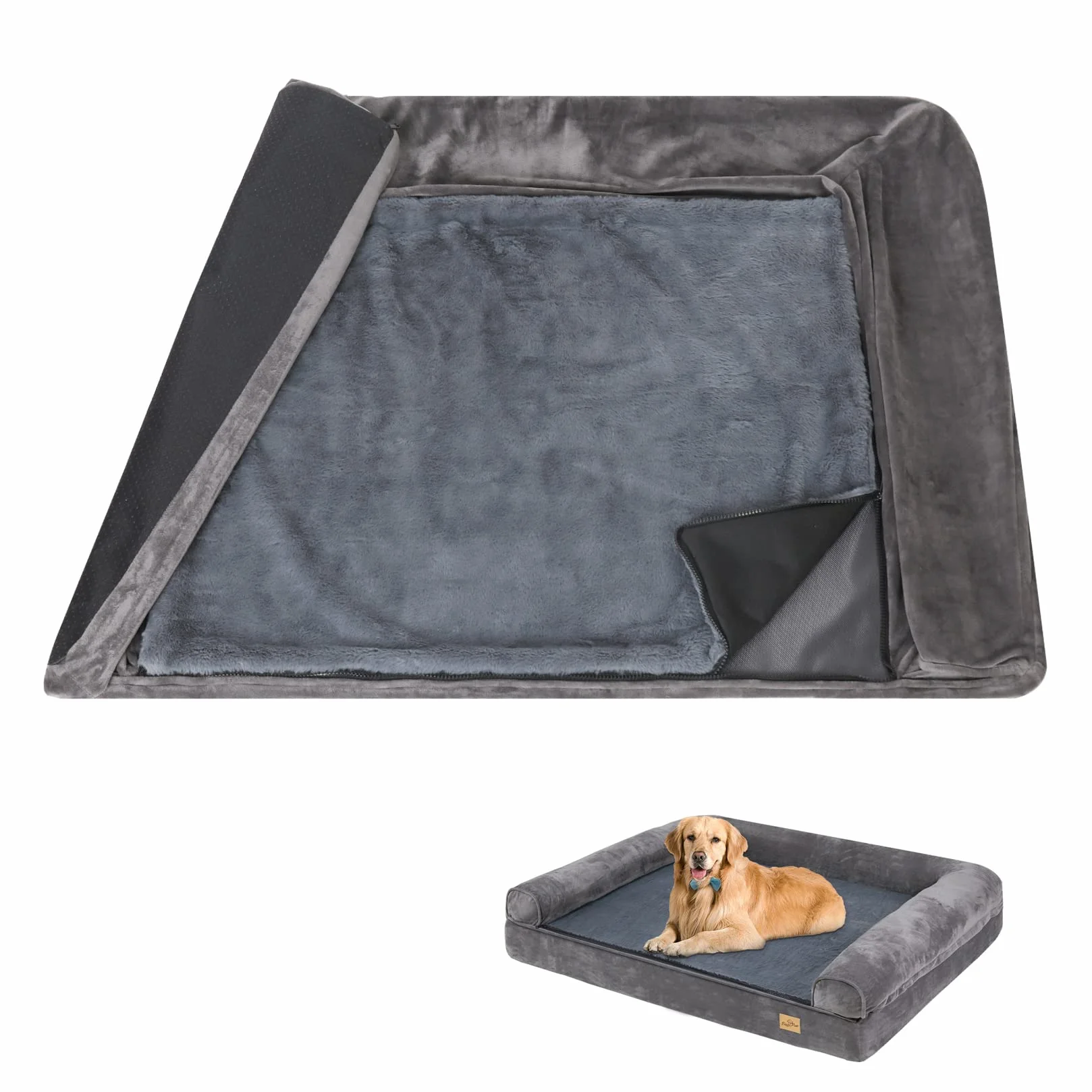 BingoPaw Housse de rechange pour lit de chien avec fermeture éclair lavable imperméable Gris XXL
