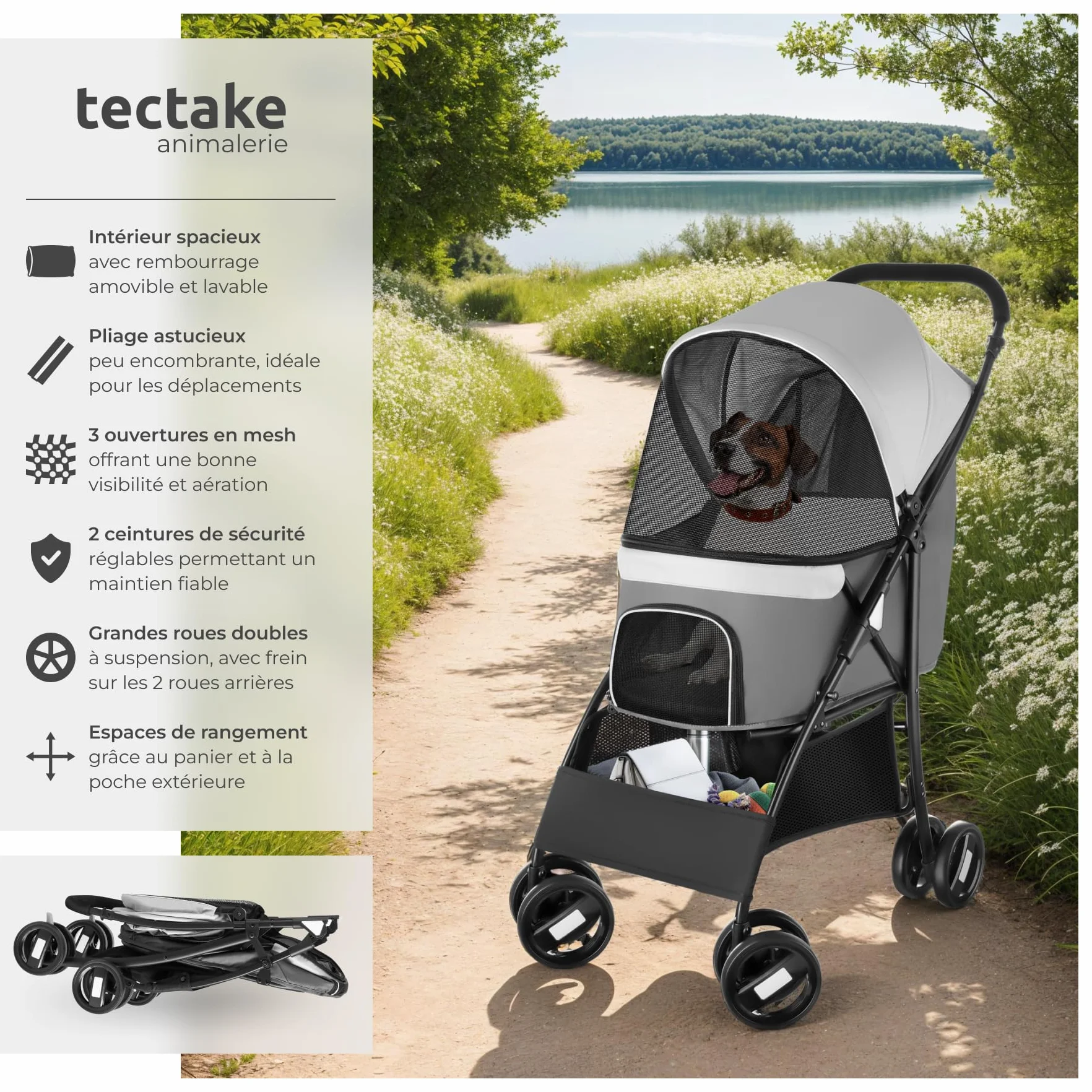 tectake® Poussette canne pour chien & chat avec Coussin amovible Poussette pliable avec tissu imperméable jusqu'à 12 kg Chariot pour chien Poussette chat Chariot pliant pour transport chats