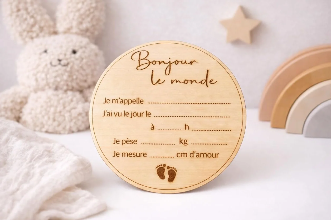 Carte bienvenue annonce naissance prénom bébé en bois - Disque prénom bébé date heure poids taille - Accessoire pancarte photo nouveau-né souvenir maternité