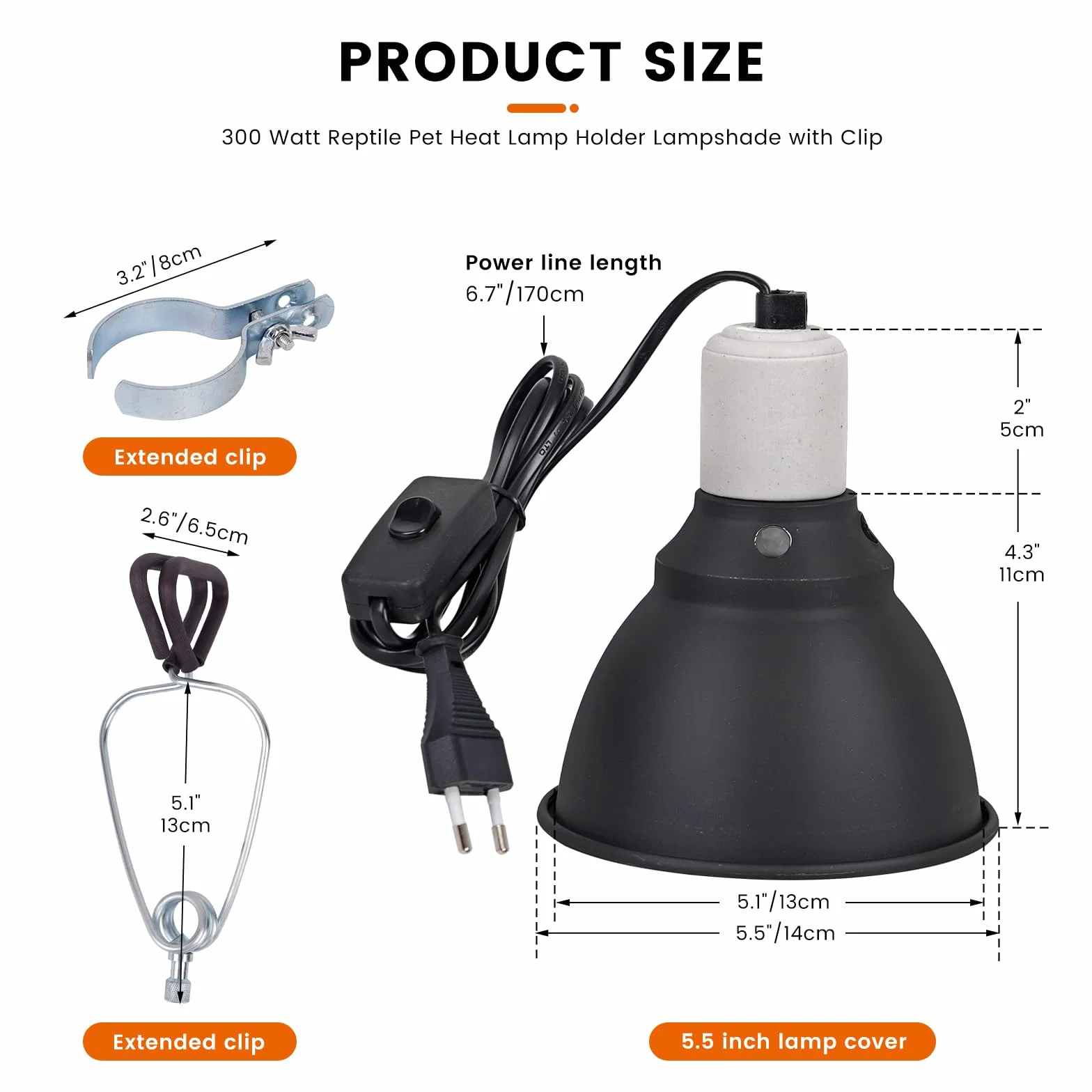 Support de lampe chauffante E27 Dôme profond Clip 5,5 pouces Chauffe-tortue Réservoir reptiles Protection filet
