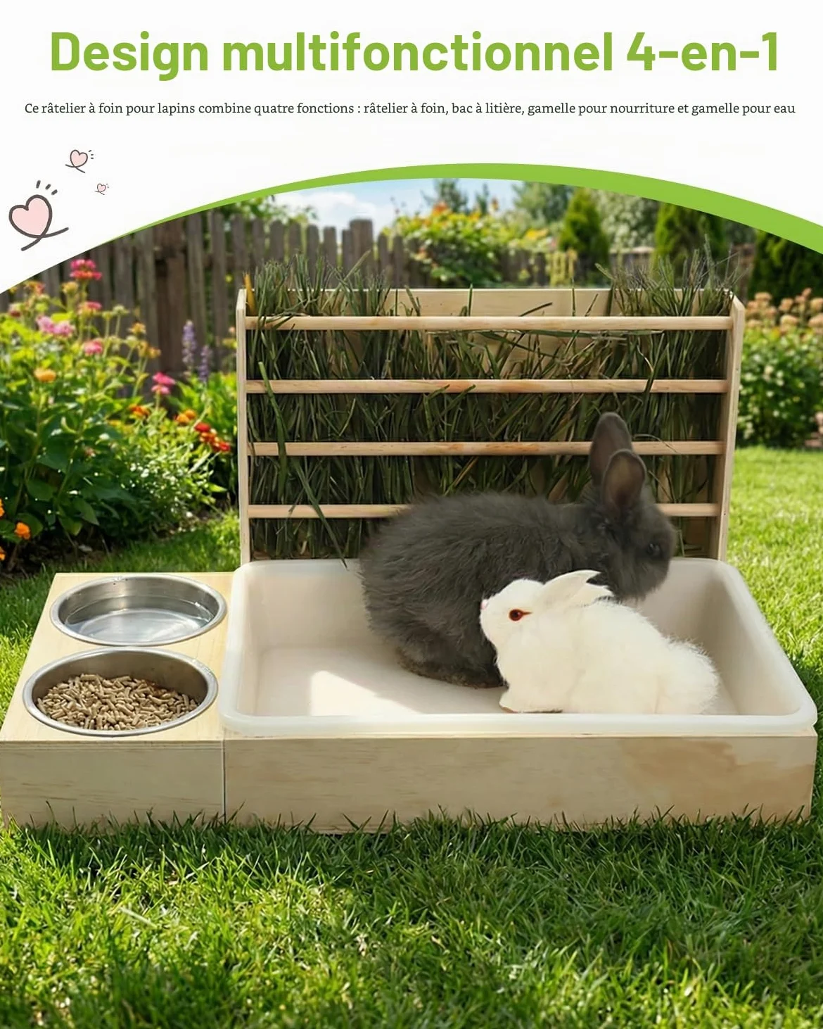 Mangeoire à Foin pour Lapin avec 2 Gamelles, 4 en 1 Couleur Bouleau | Distributeur de Nourriture en Bois, pour Lapins, Cochons d'Inde, Chinchillas, Lapins et Autres Petits Animaux 54x36,5x28 cm
