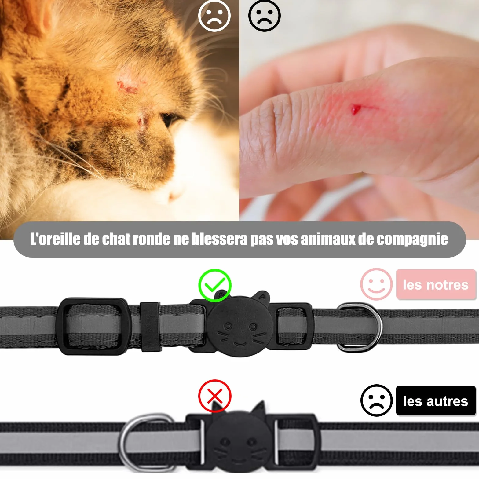 Collier Chat Compatible Airtag Réglable Réfléchissant avec Cloche Anti-étranglement Boucle Sécurité Noir