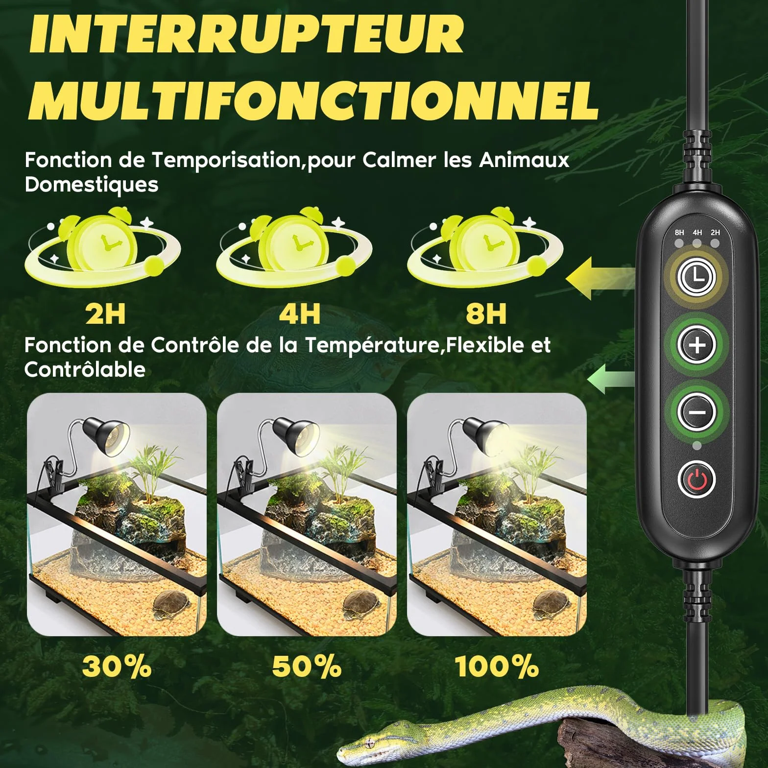 Lampe Chauffante Tortue E27 avec Minuterie et Contrôle de Température, 2x Ampoules 100W UVA UVB