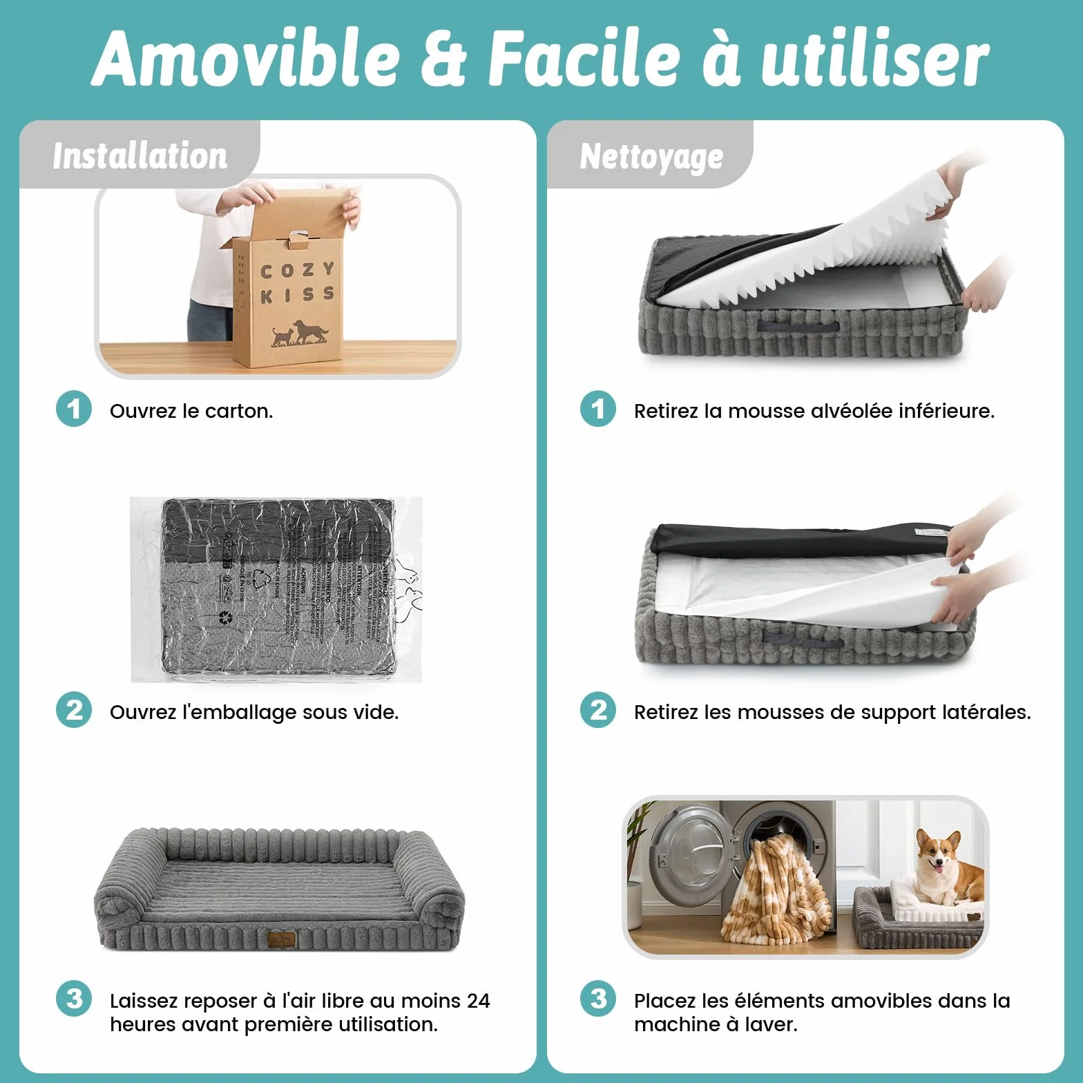 COZY KISS Panier Orthopédique Chien Très Grand 110x80x17cm Lit-Canapé Fausse Fourrure Douce Mousse Mémoire Forme Nid Abeille Coussin Ergonomique Détachable Lavable Gris XL