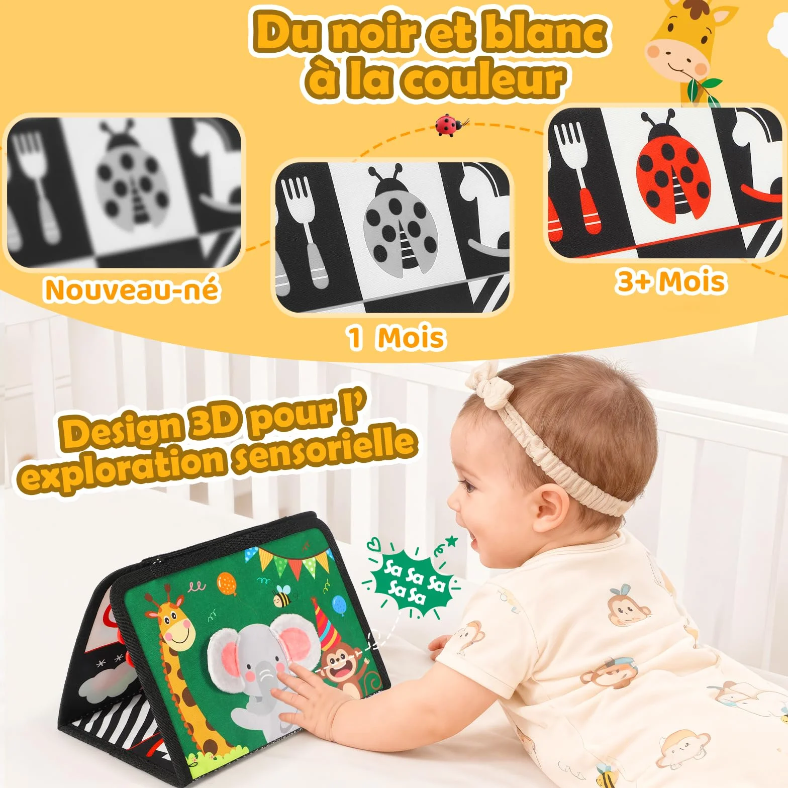 BBWOO Jouet Bébé 0-12 Mois, Grand Livre Pliable Montessori avec Miroir et Jouet Dentition Sensoriel, Images Noir et Blanc Haute Contraste