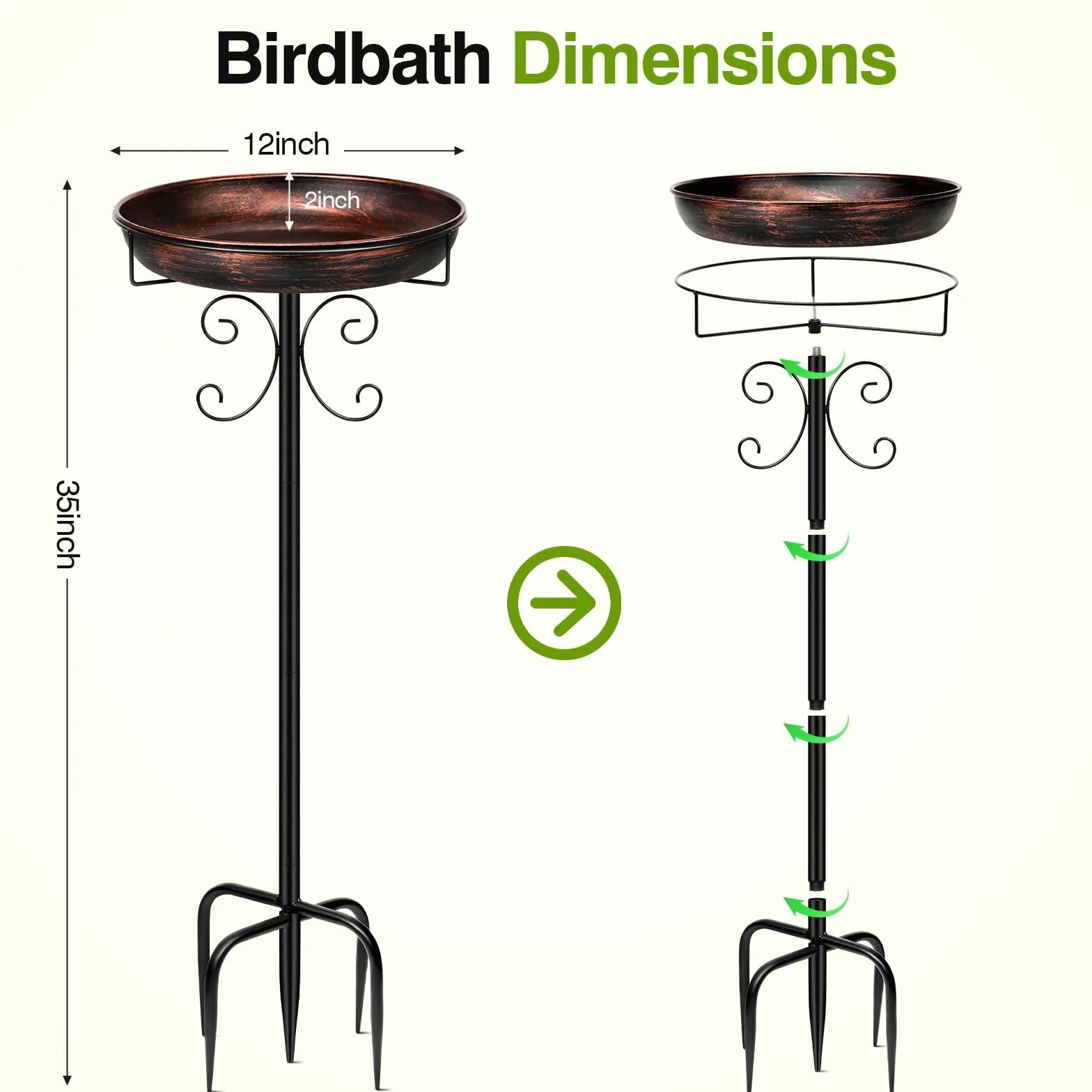 Abreuvoir pour oiseaux sur pied en métal 81 cm bronze antique résistant à l'hiver