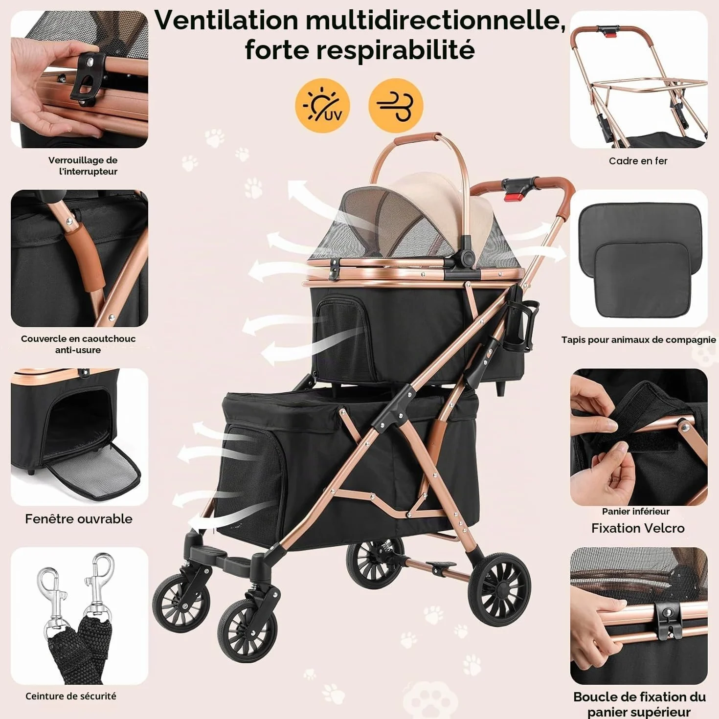 MAMIZO Poussette Double pour Chien, Pliable Poussette pour 2 Animaux Jusqu'à 15 kg, Transporteur pour Chats avec Coussins et Porte-gobelet, sac de Transport pour Cage pour Chien, 4 PCS Roues, Noir
