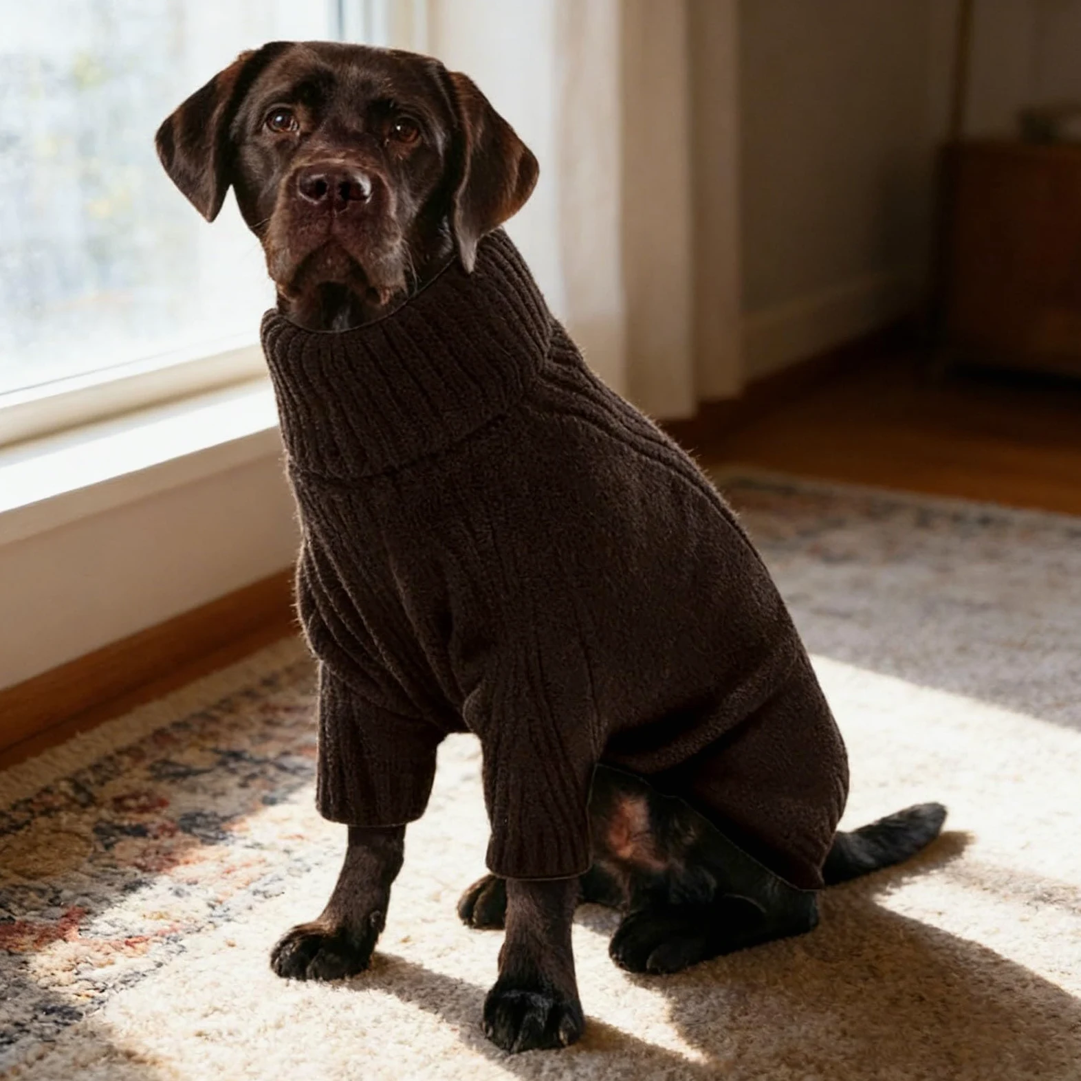 Pull pour chien en tricot thermique - Grand pull à col roulé - Pour chiens extra grands - Élastique - Vêtement pour chien par temps froid (noir, L)