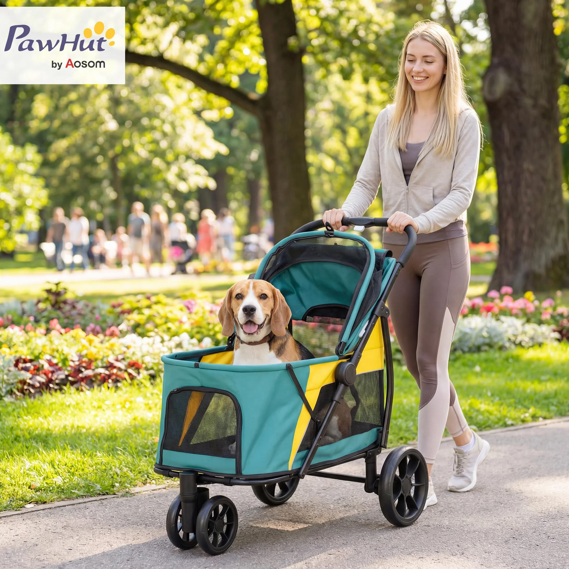 PawHut Poussette pliable pour chien jusqu'à 20 kg avec coussin lavable, fenêtre en filet, 3 roues, porte, poche arrière, poussette pour animaux de compagnie de petite et moyenne taille, vert foncé