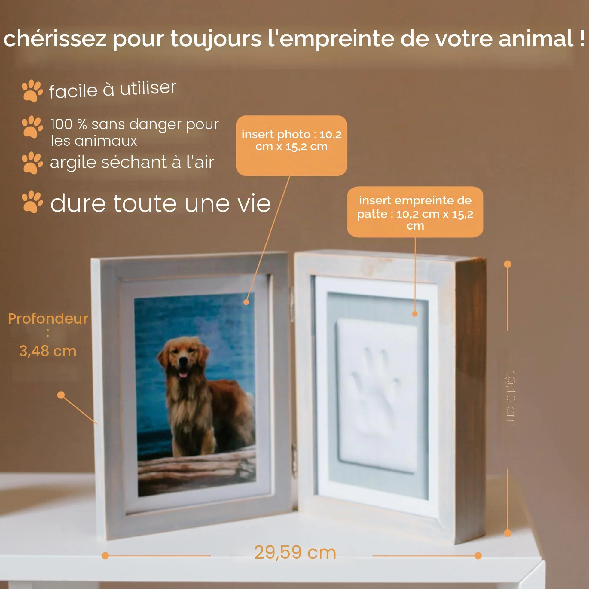 Pearhead Pet Paw Print Photo Frame with Clay Imprint Kit, Wooden Photo Frame, DIY No-Mess Pawprint Keepsake, Distressed Gray