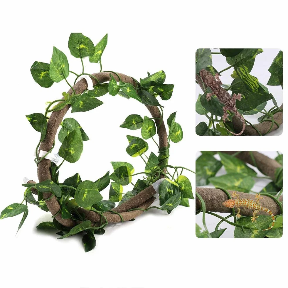 Vignes de Reptiles Artificielles avec Ventouses, Branche d'escalade en Rotin Flexible, 3,28 Pieds avec Feuilles de Scindapsus, pour Serpents