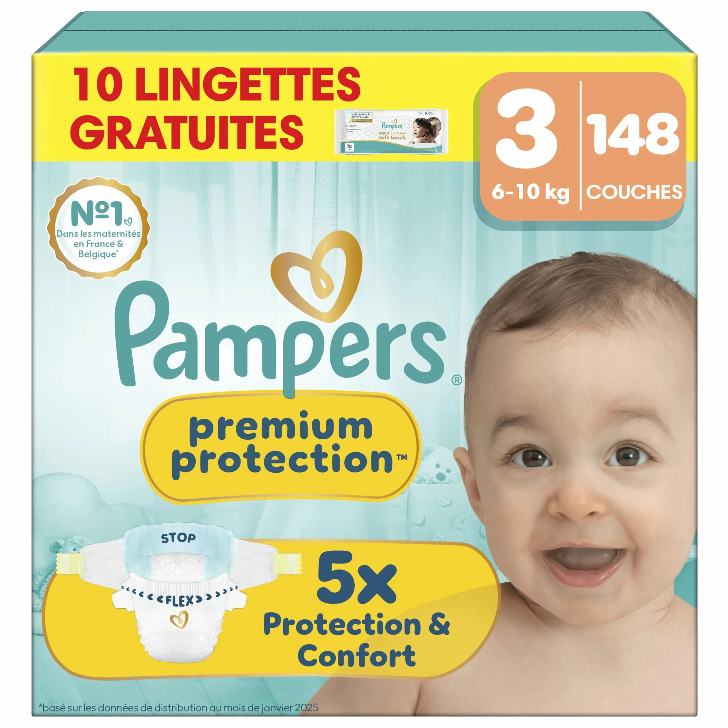 Pampers Premium Protection Taille 3, 148 Couches, 6kg-10kg, Pack 1 Mois + 10 Lingettes
