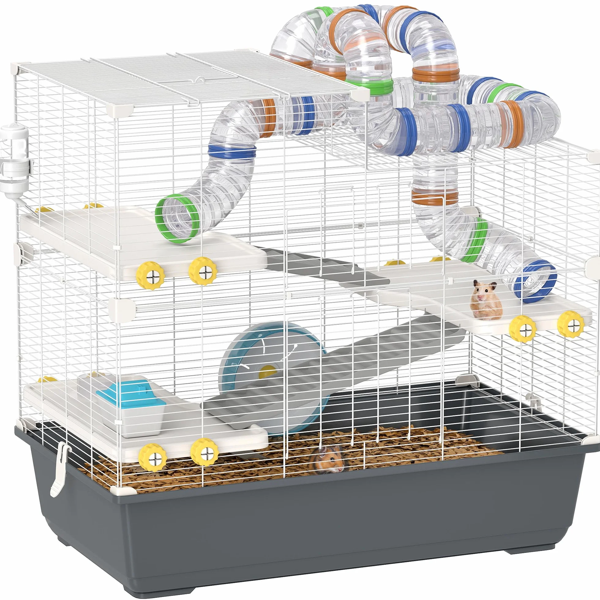 PawHut Cage Hamster 4 Niveaux avec Roue 78x45x73 cm Gris | Cage rongeur, bol nourriture, tunnel, cabane, porte supérieure, pour hamster syrien