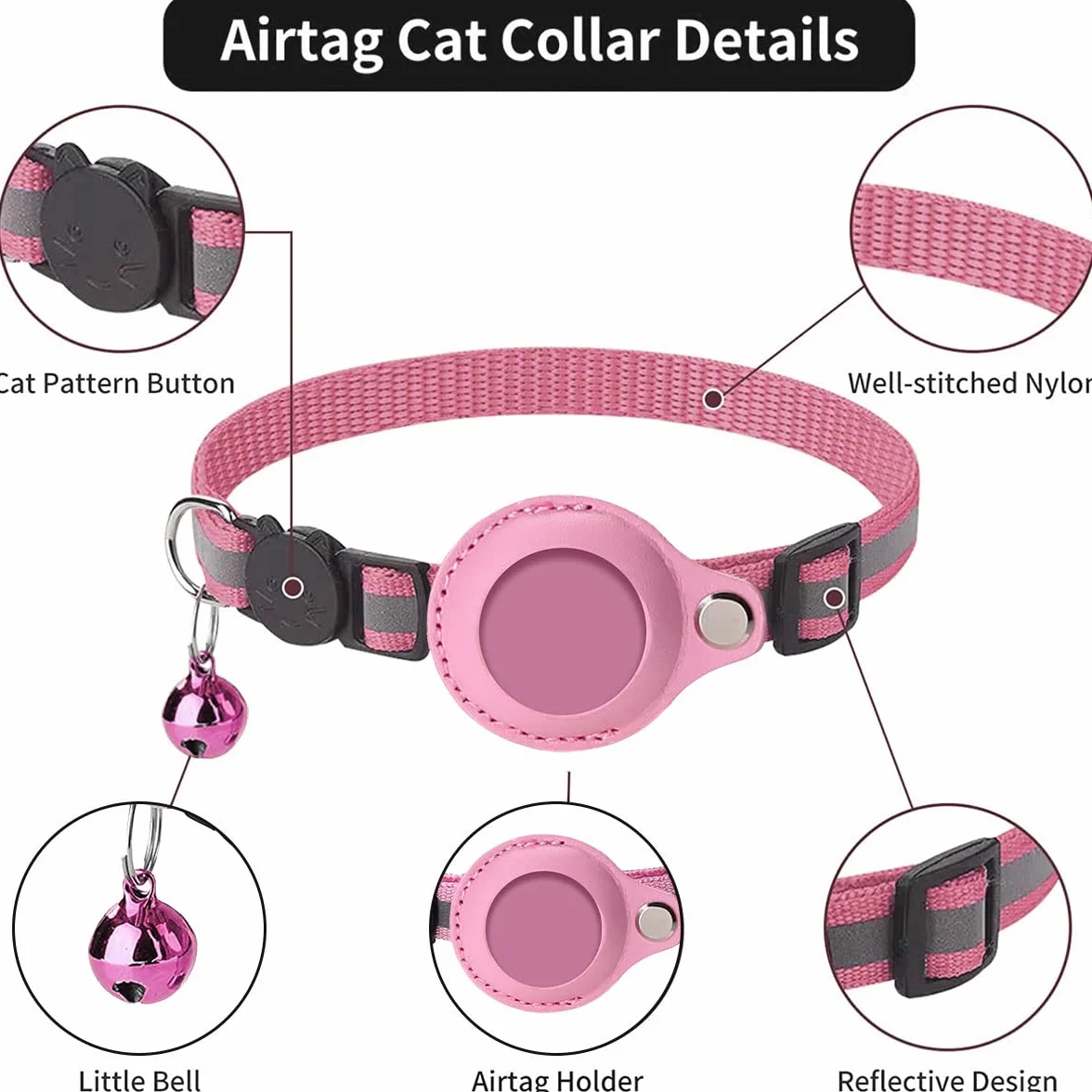 Collier Airtag pour Chat Anti Étranglement Réglable Réfléchissant avec Clochette Support Protection Apple AirTag Rose