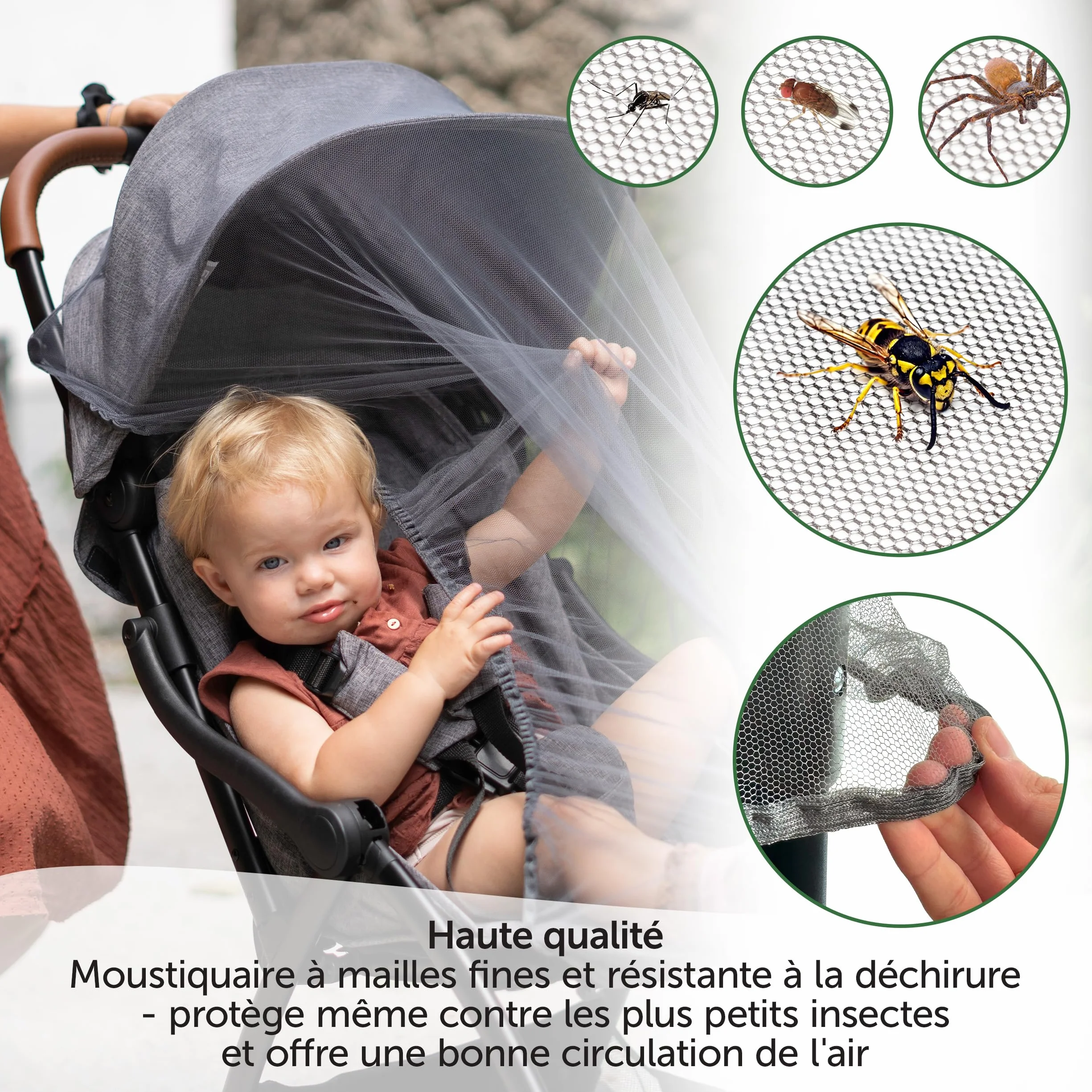 Zamboo Moustiquaire Poussette Universelle Filet Anti Moustique Protection Fine Résistante Lavable Gris