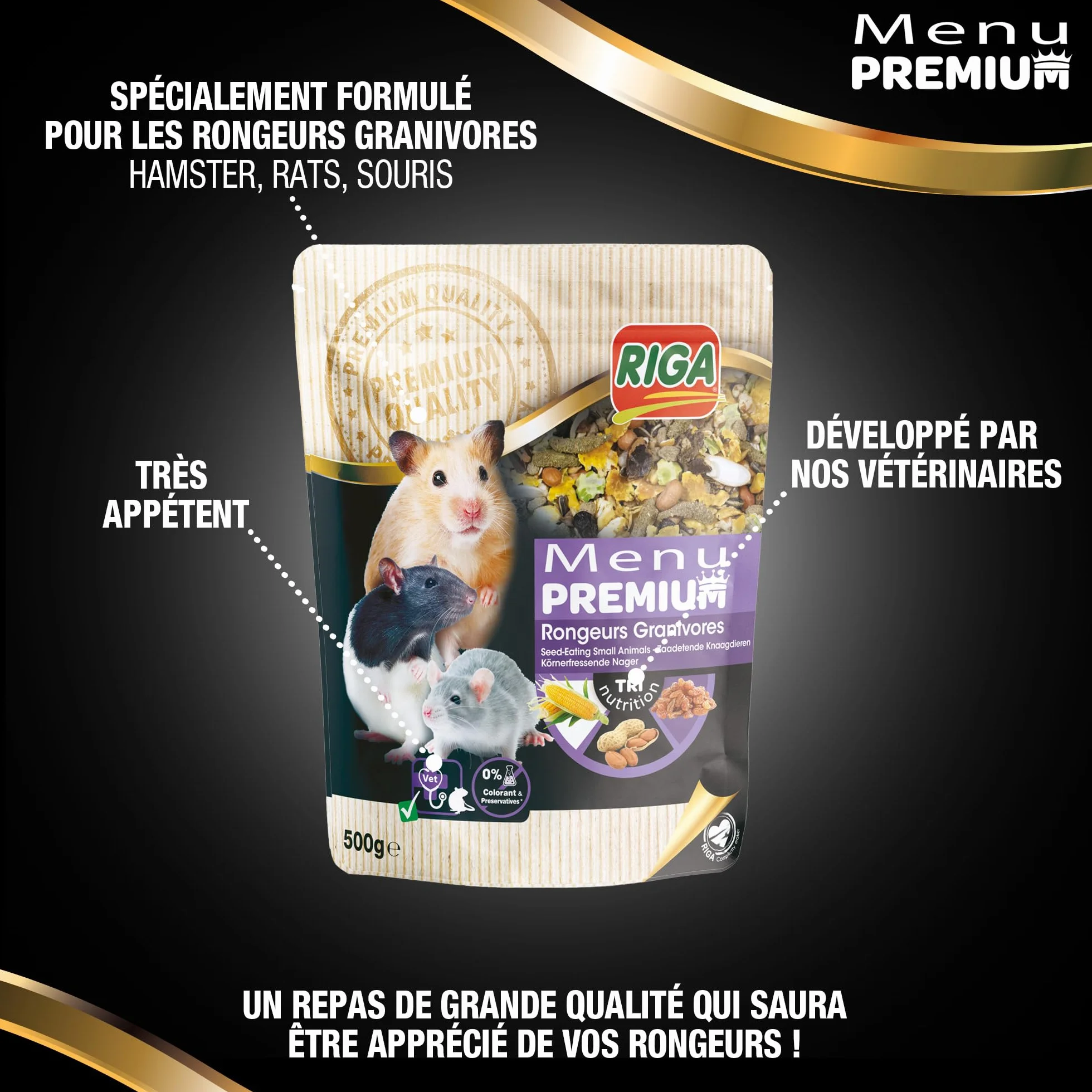 Menu Premium pour Rongeur Granivores Riga - Mélange de Graines, Céréales, Légumes, Fruits et Noix - 500 g
