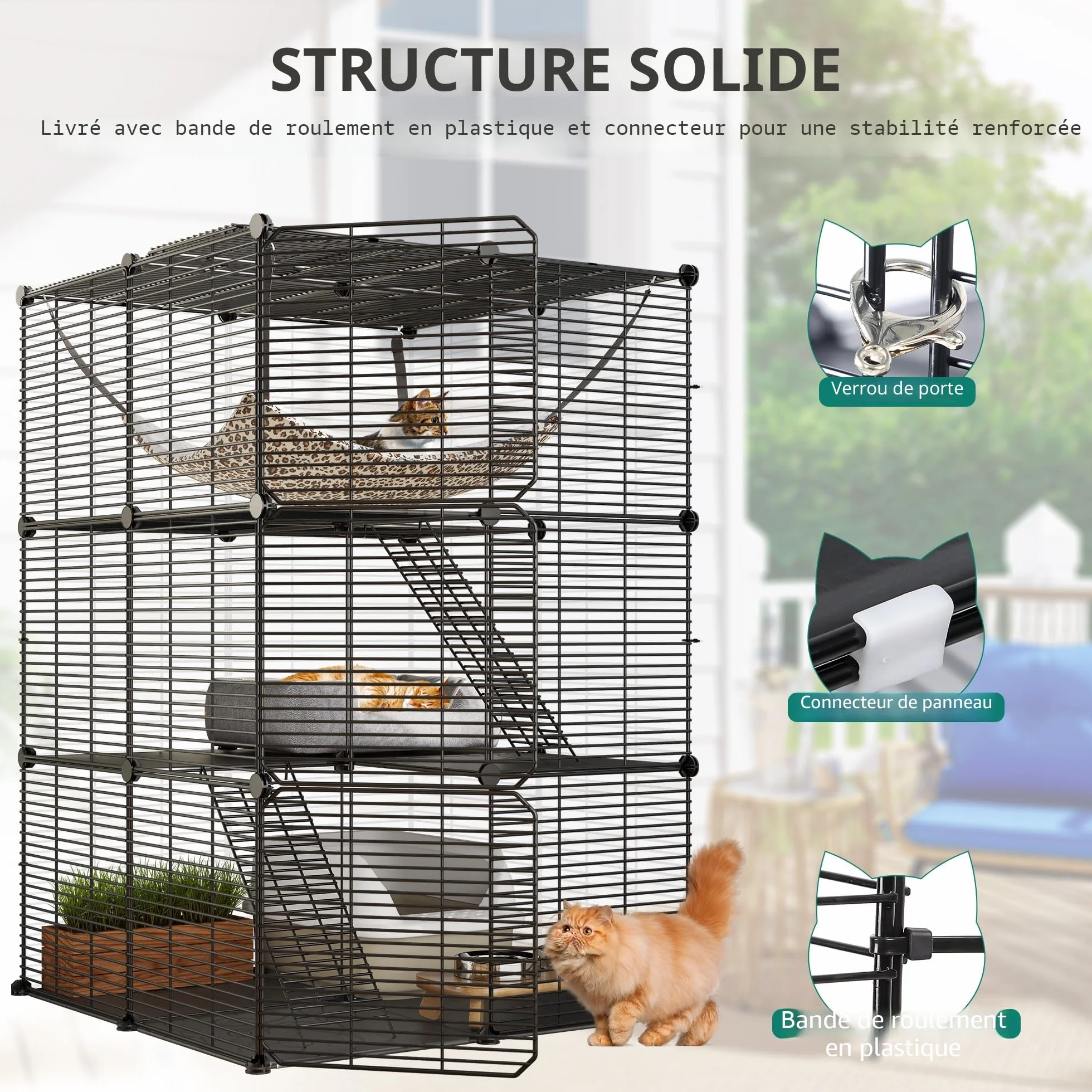 YITAHOME Cage pour Chat Extérieur/Intérieur, Enclos 3 Niveaux avec Hamac Extra Large, Fil Métallique Dense pour 1-2 Chats, Noir