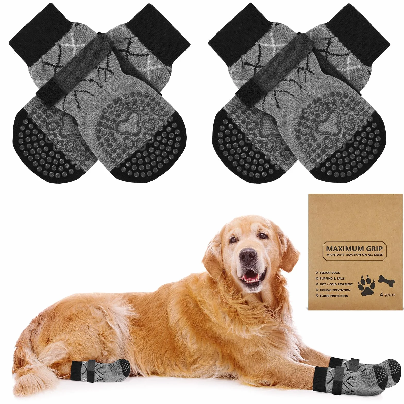 Chaussettes Antidérapantes pour Chien 2 Paires Réglables Protège-Pattes Double Face XS