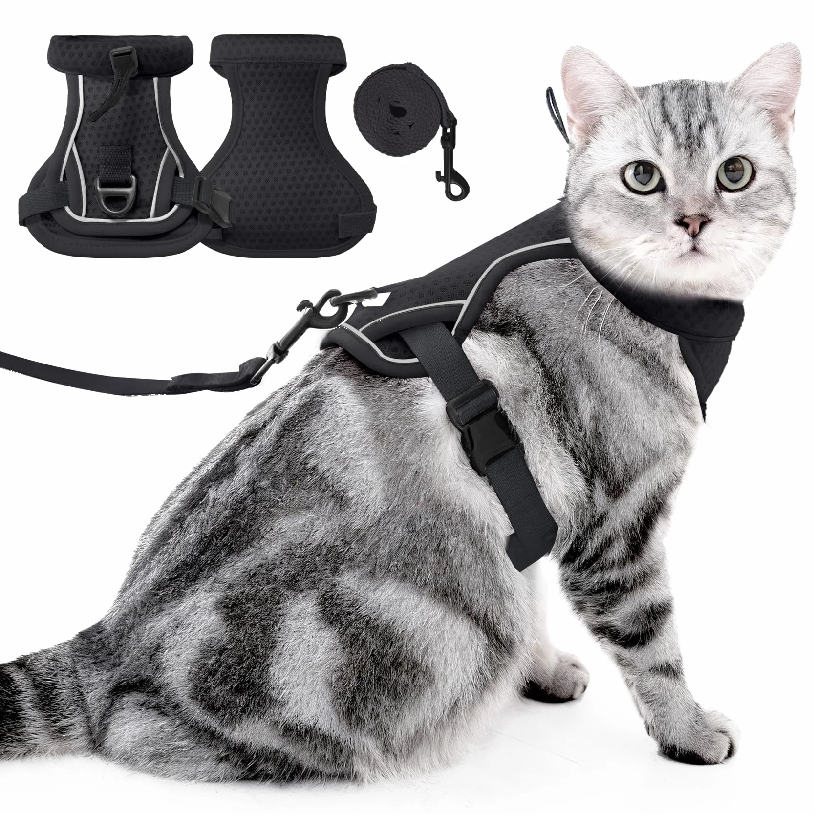 Harnais et Laisse pour Chat Réglable Anti-évasion Bandes Réfléchissantes Noir L