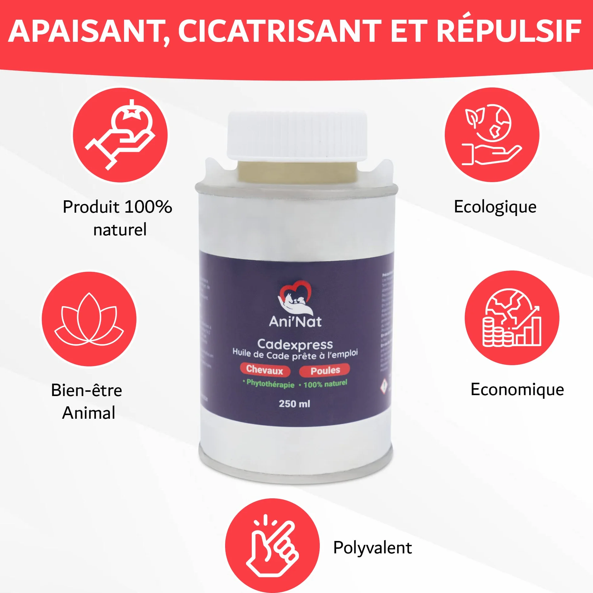 AniNat CADEXPRESS Huile de Cade prête à l'emploi - Soin des Pattes des Poules, Sabots Chevaux - Pot 250ml