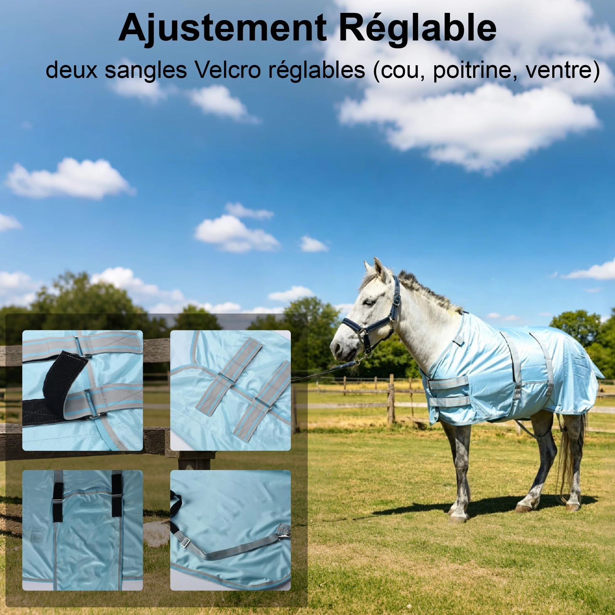 Couverture Anti-Mouches pour Mini-Cheval Petit Poney, Protection UV, Maille Légère Respirante, Bleu Cyan 80cm