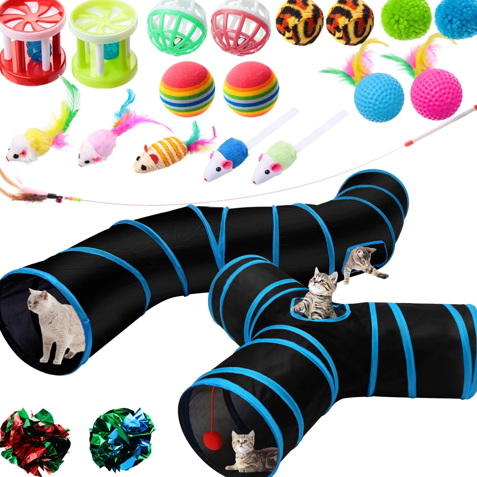 Poen Lot de 22 jouets pour chat avec 2 tunnels pliables et 20 jouets interactifs en plumes pour chat, souris moelleuse, balles froissées, pour chat, chaton et chiot (bleu, noir)